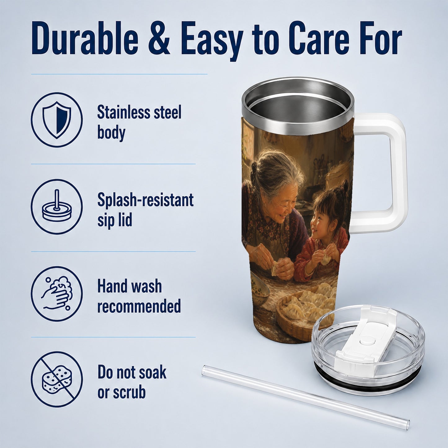 #pl[40oz|White] Family Dumpling Making 40oz Tumbler with Handle, Kitchen Art
