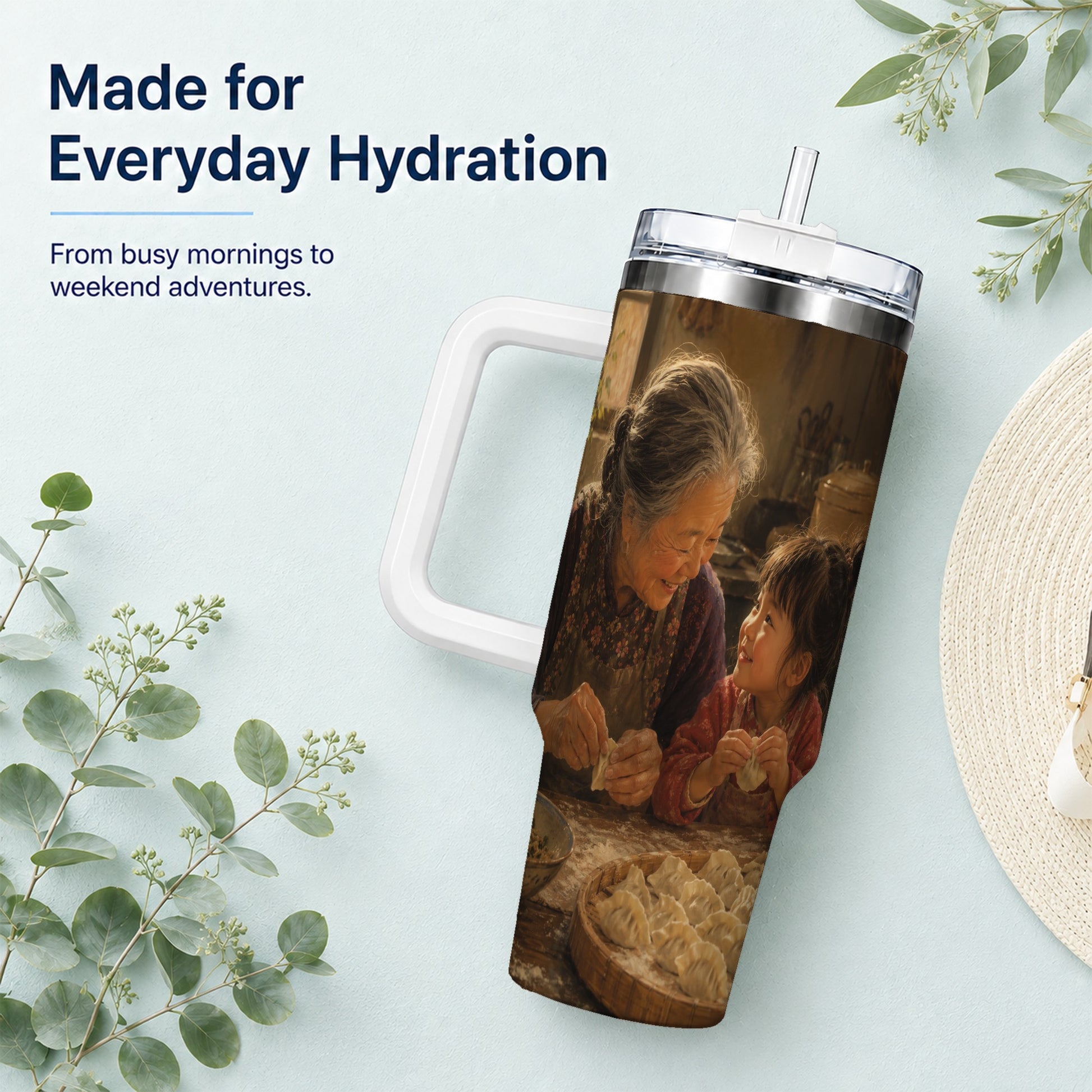 #pl[40oz|White] Family Dumpling Making 40oz Tumbler with Handle, Kitchen Art