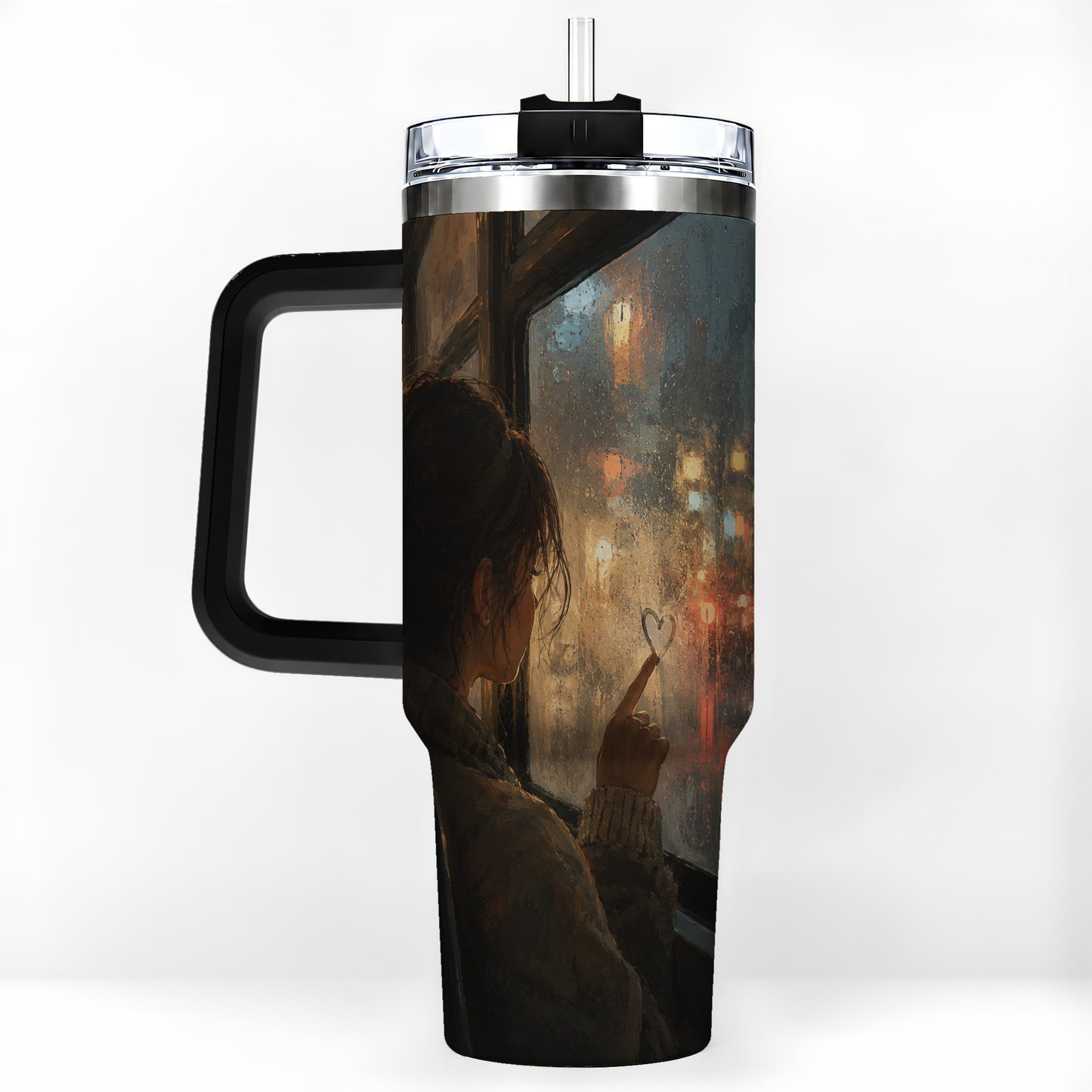 #pl[40oz|Black] Rainy Window Heart 40oz Tumbler with Handle, Rainy Night City Art
