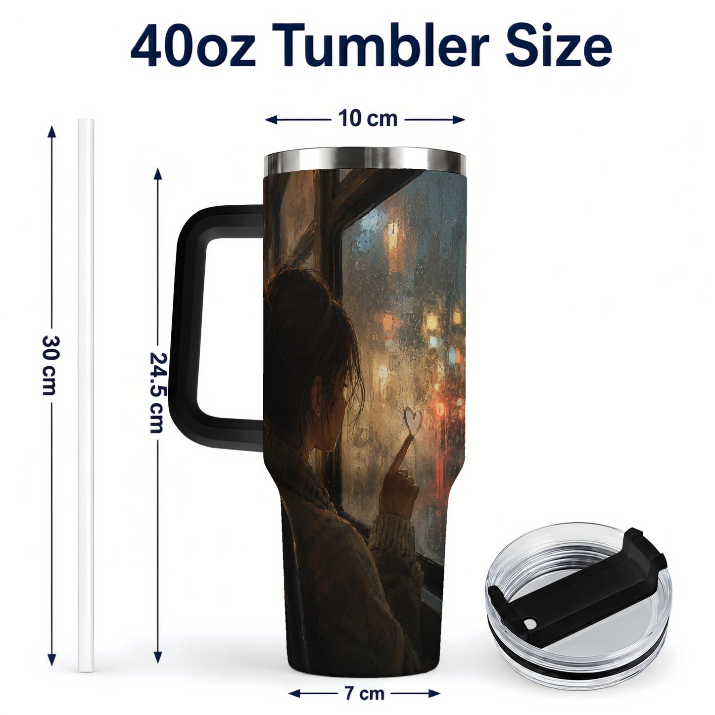 #pl[40oz|Black] Rainy Window Heart 40oz Tumbler with Handle, Rainy Night City Art