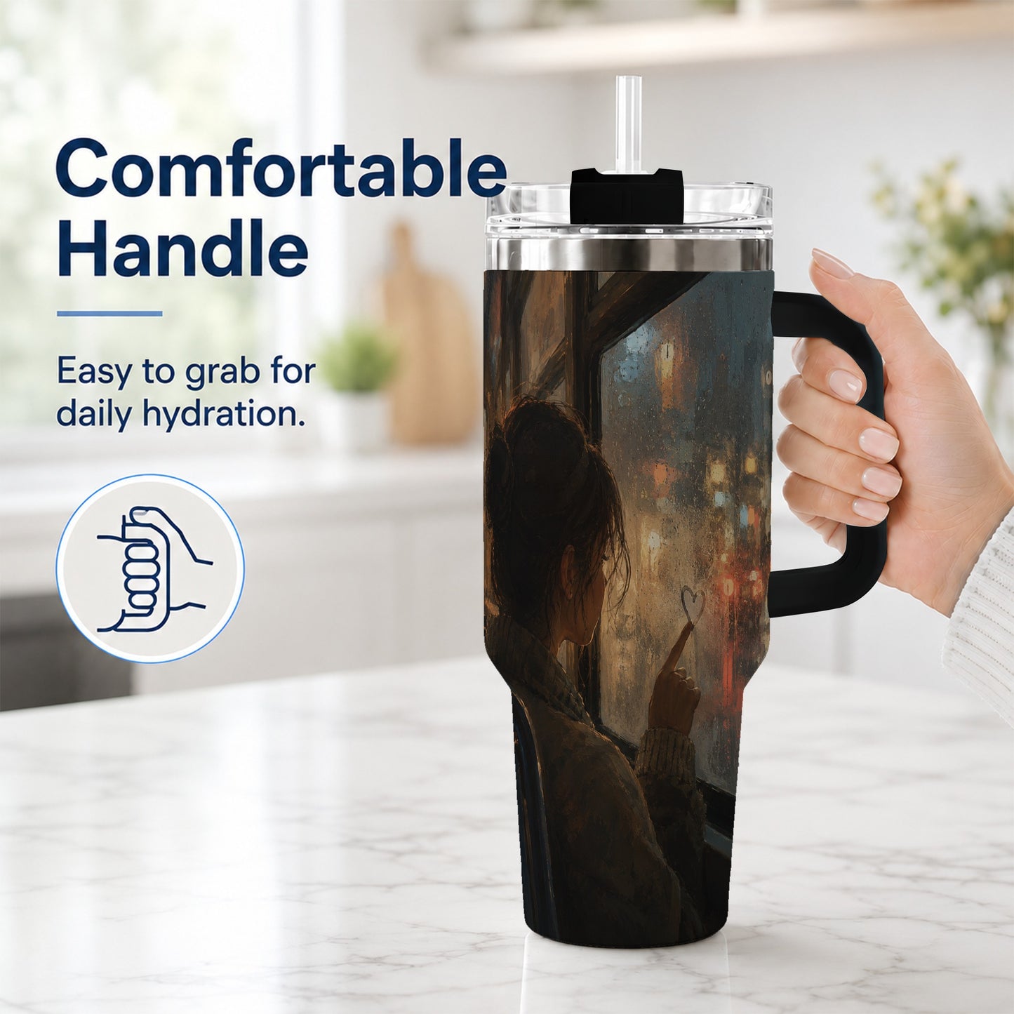 #pl[40oz|Black] Rainy Window Heart 40oz Tumbler with Handle, Rainy Night City Art