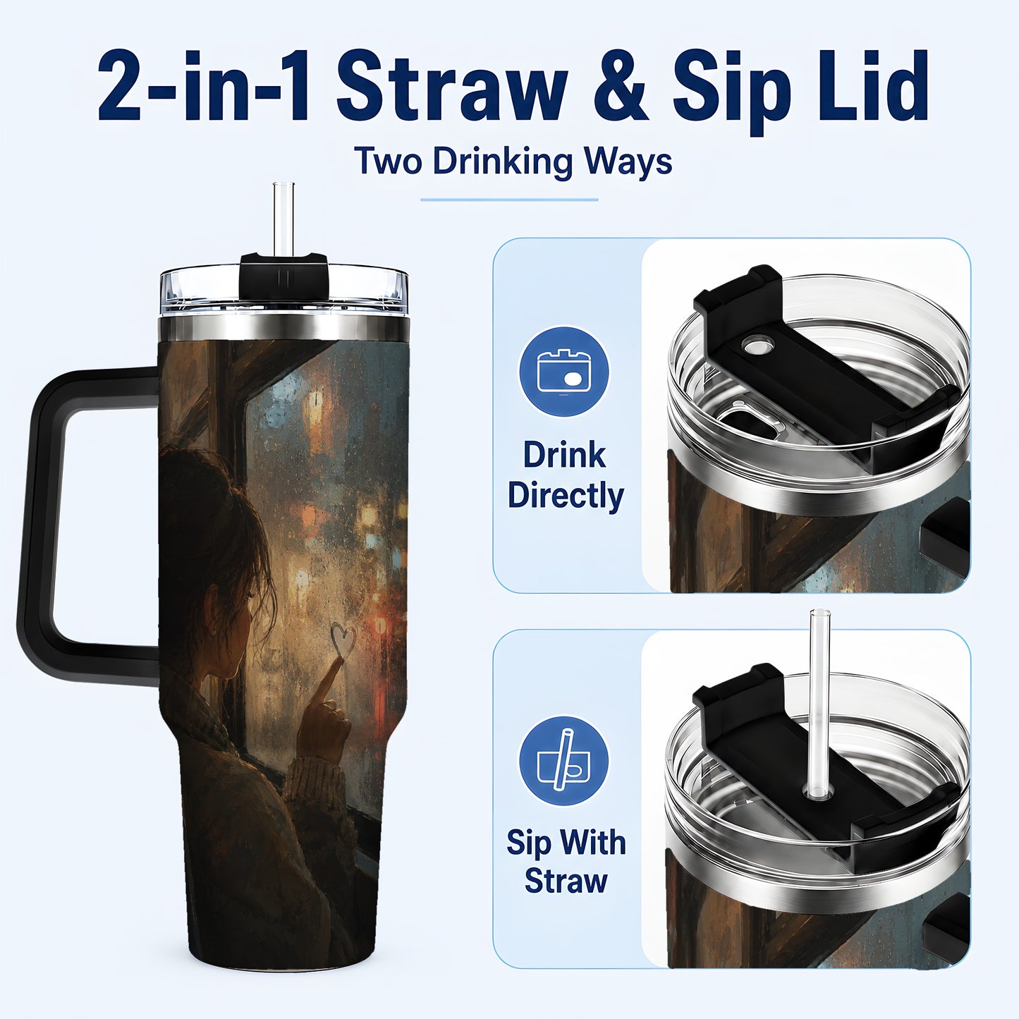 #pl[40oz|Black] Rainy Window Heart 40oz Tumbler with Handle, Rainy Night City Art