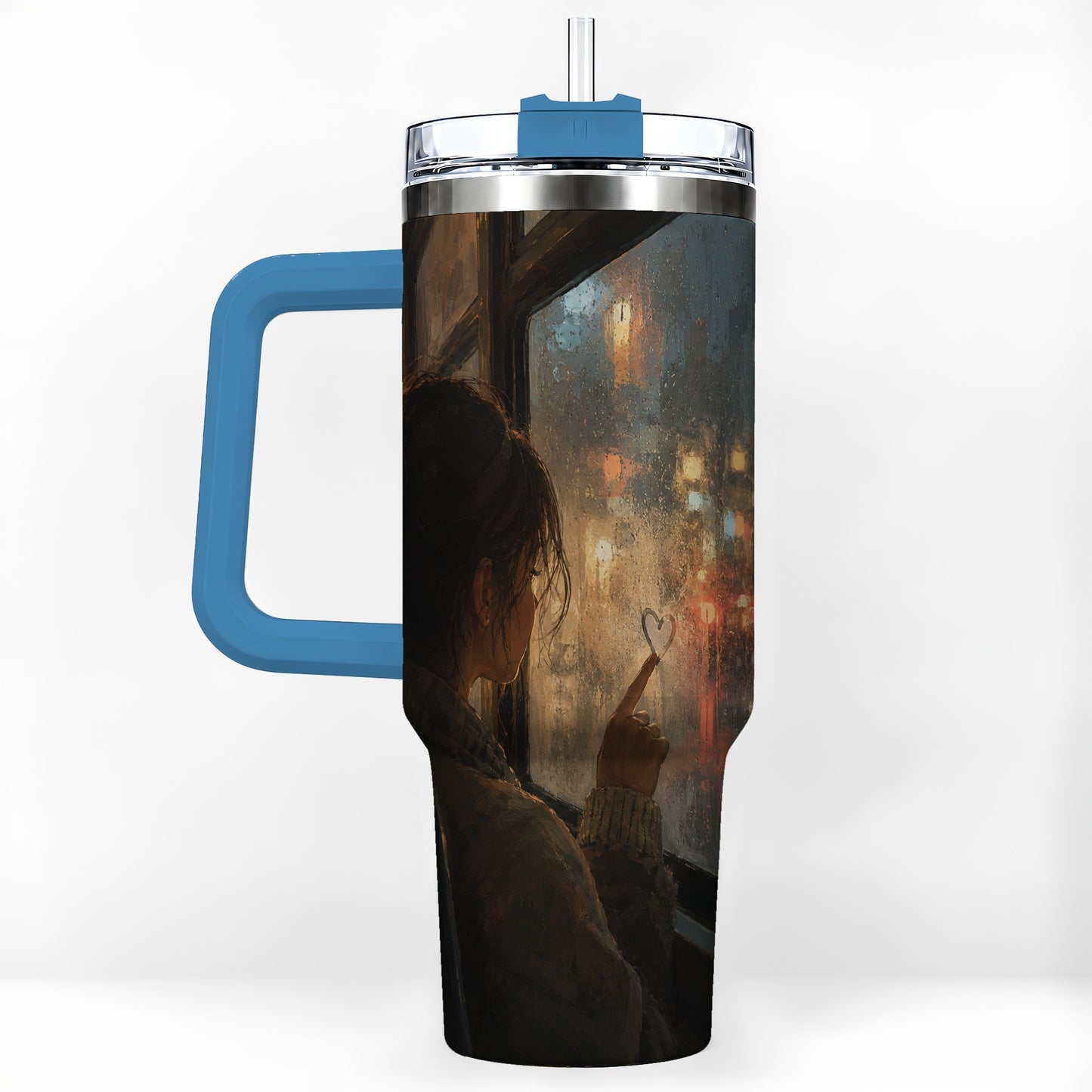 #pl[40oz|Blue] Rainy Window Heart 40oz Tumbler with Handle, Rainy Night City Art