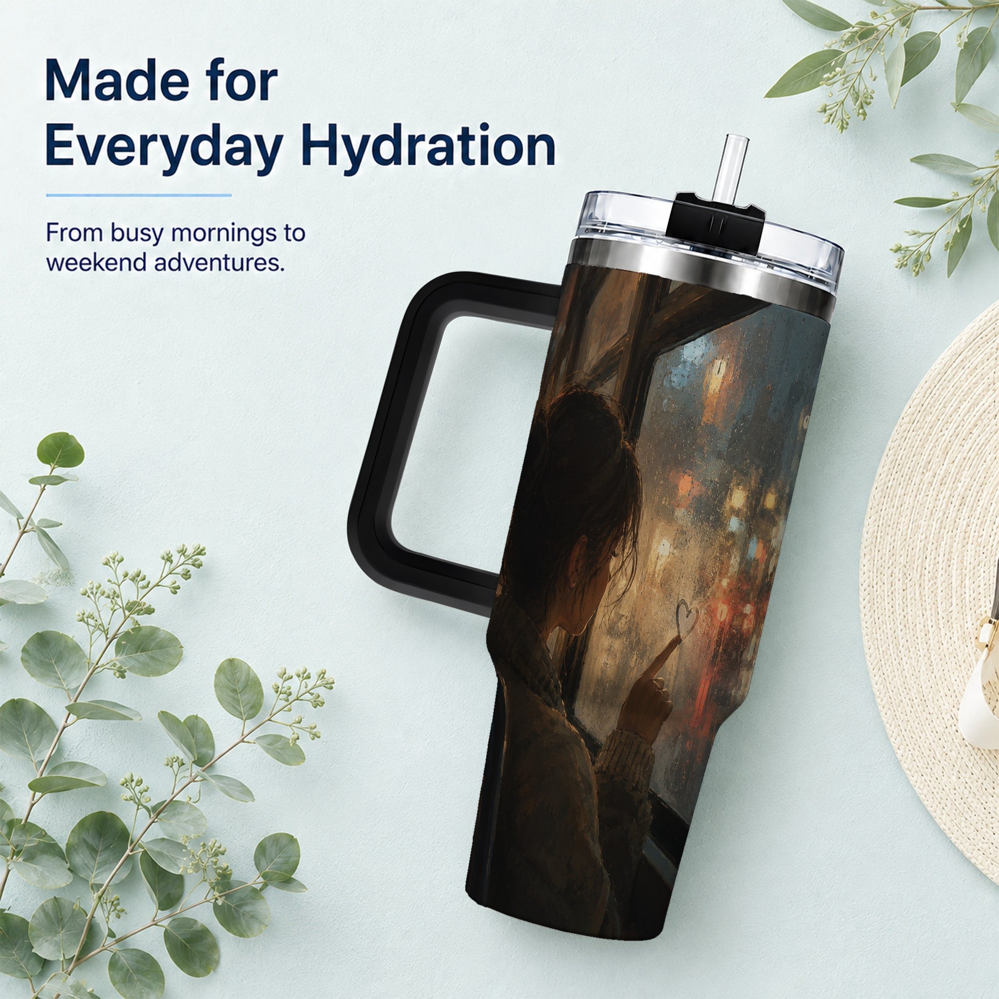 #pl[40oz|Black] Rainy Window Heart 40oz Tumbler with Handle, Rainy Night City Art