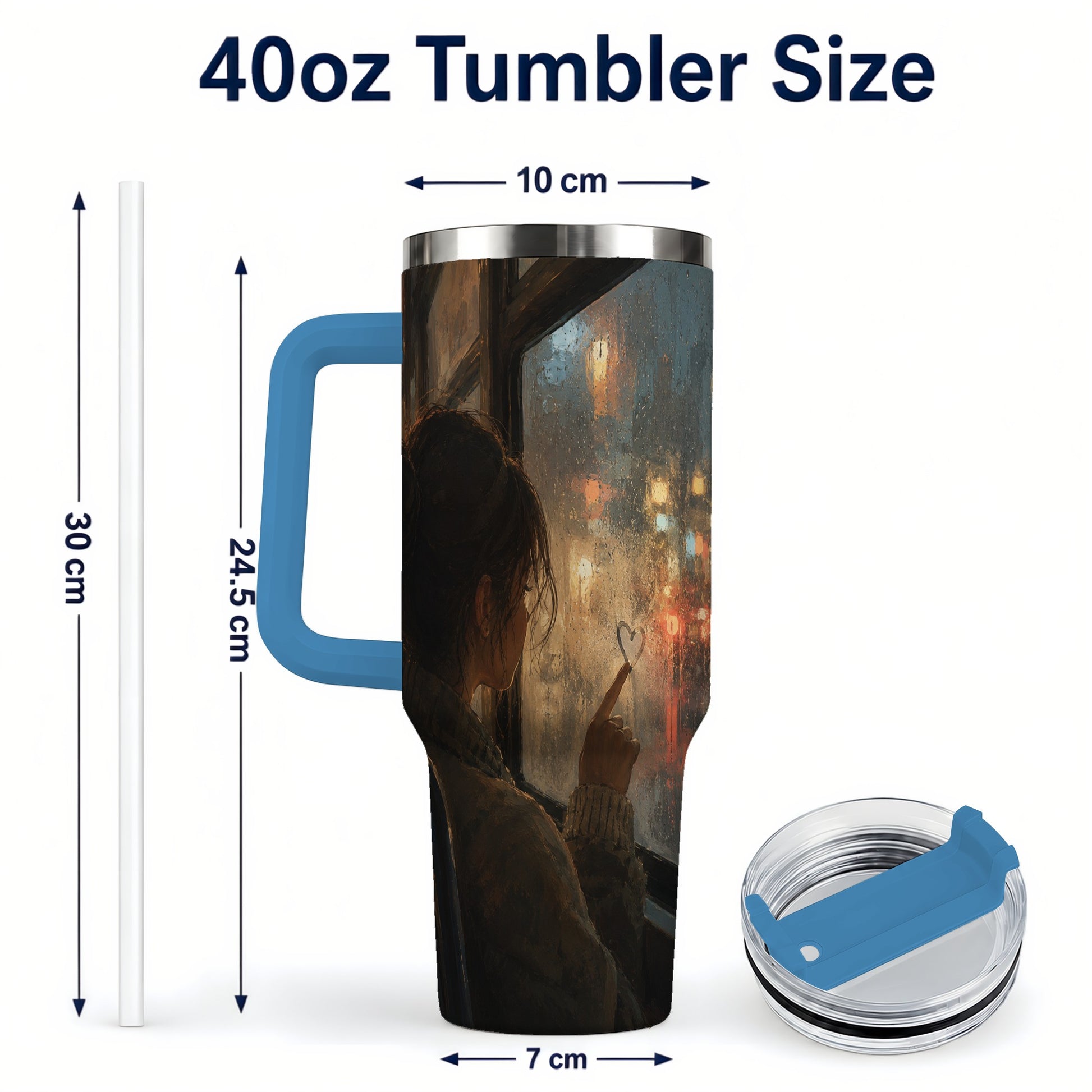 #pl[40oz|Blue] Rainy Window Heart 40oz Tumbler with Handle, Rainy Night City Art