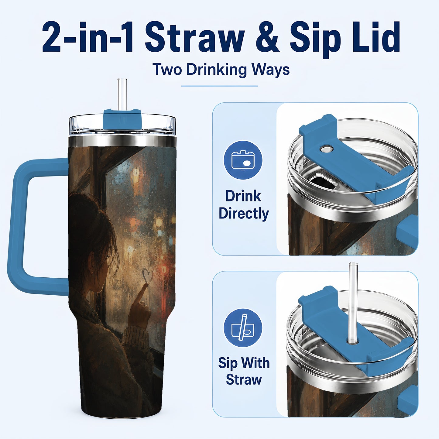 #pl[40oz|Blue] Rainy Window Heart 40oz Tumbler with Handle, Rainy Night City Art