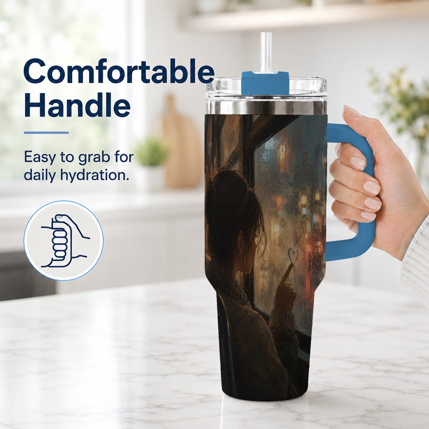 #pl[40oz|Blue] Rainy Window Heart 40oz Tumbler with Handle, Rainy Night City Art