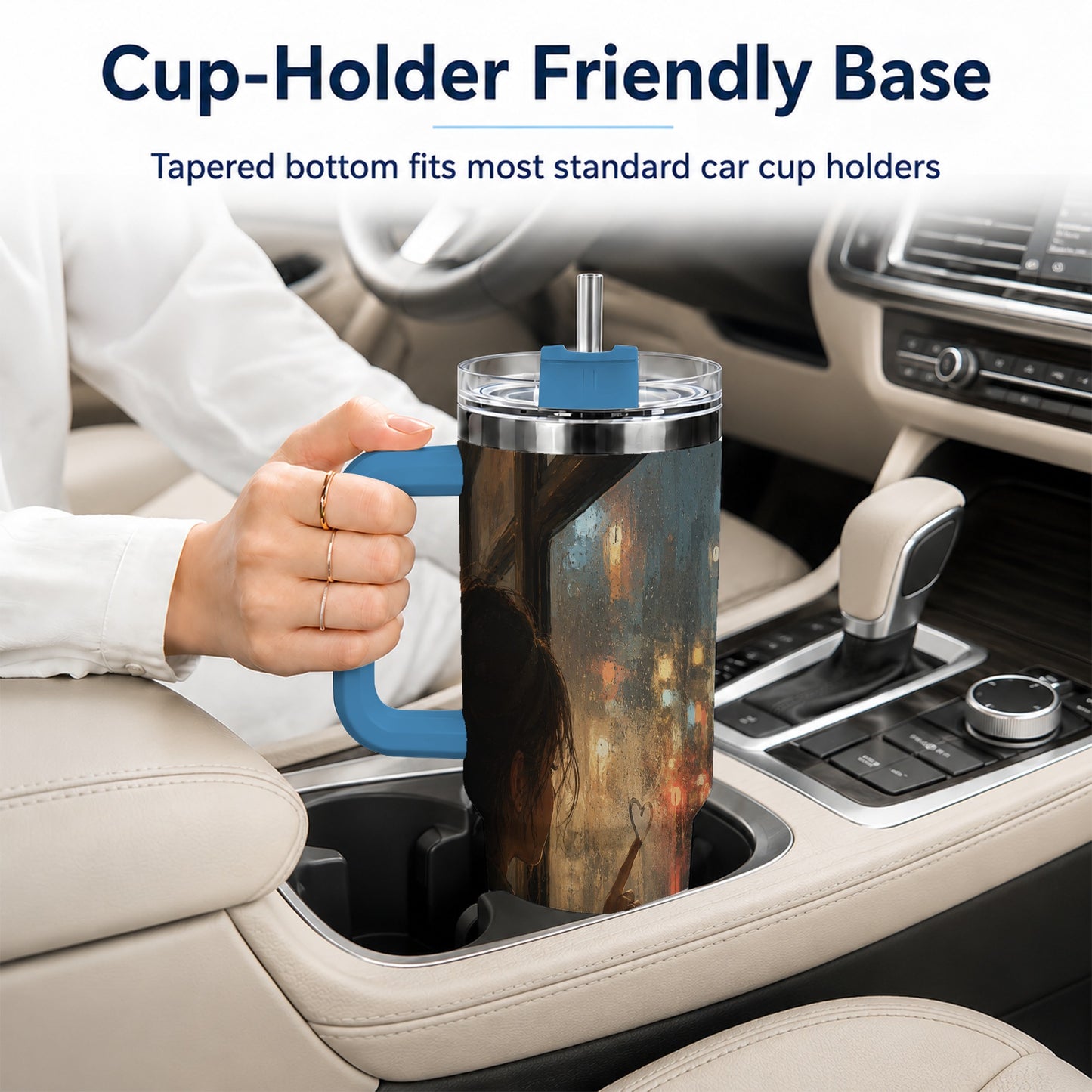 #pl[40oz|Blue] Rainy Window Heart 40oz Tumbler with Handle, Rainy Night City Art
