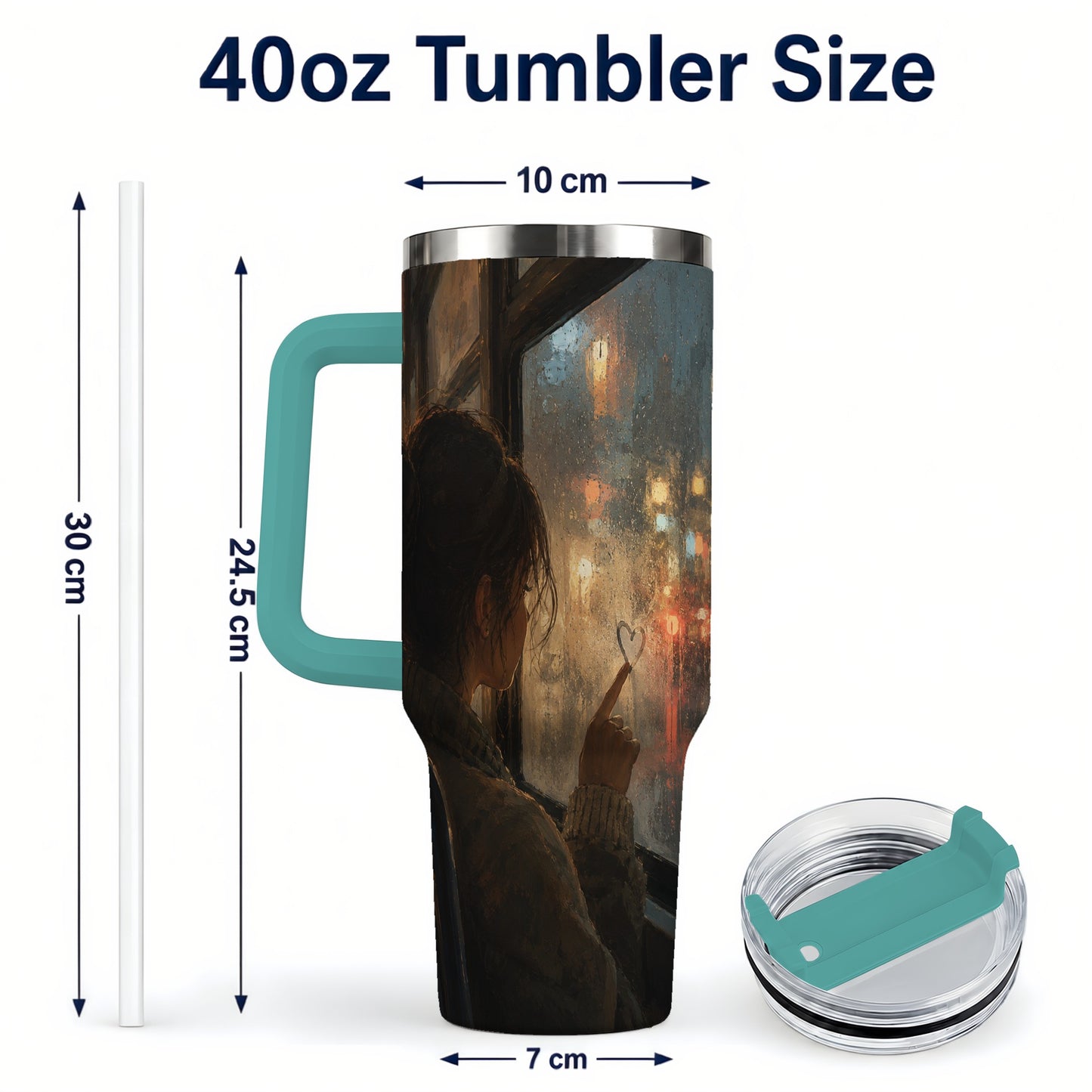 #pl[40oz|Green] Rainy Window Heart 40oz Tumbler with Handle, Rainy Night City Art