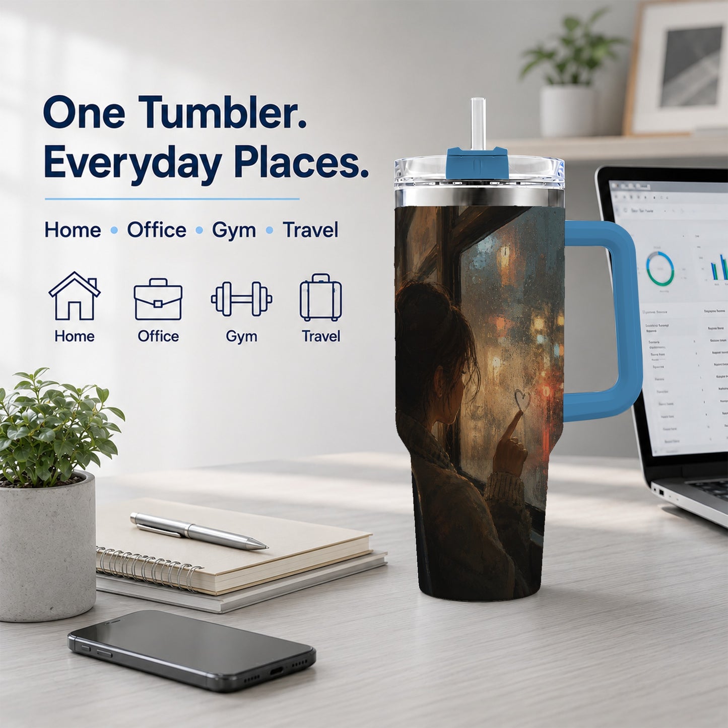 #pl[40oz|Blue] Rainy Window Heart 40oz Tumbler with Handle, Rainy Night City Art