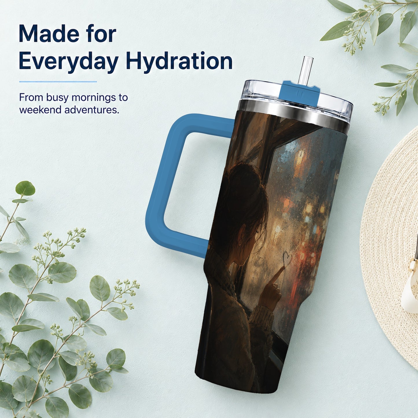 #pl[40oz|Blue] Rainy Window Heart 40oz Tumbler with Handle, Rainy Night City Art