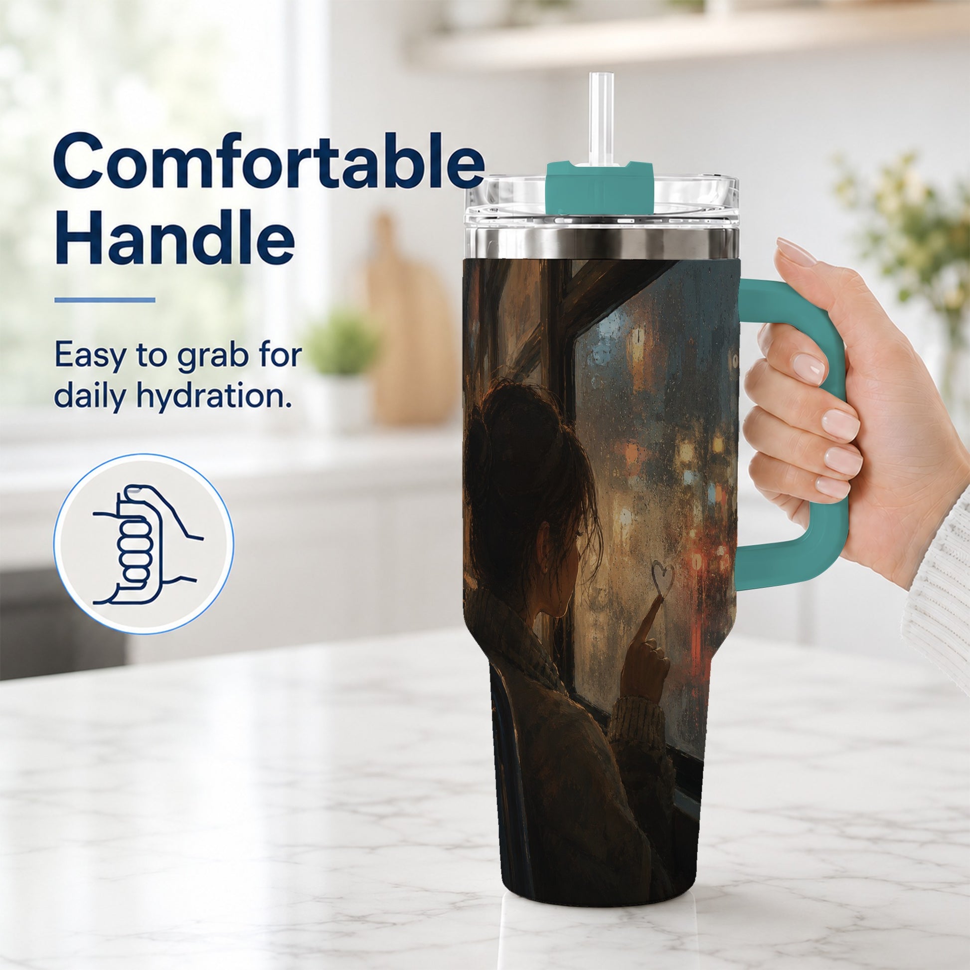 #pl[40oz|Green] Rainy Window Heart 40oz Tumbler with Handle, Rainy Night City Art