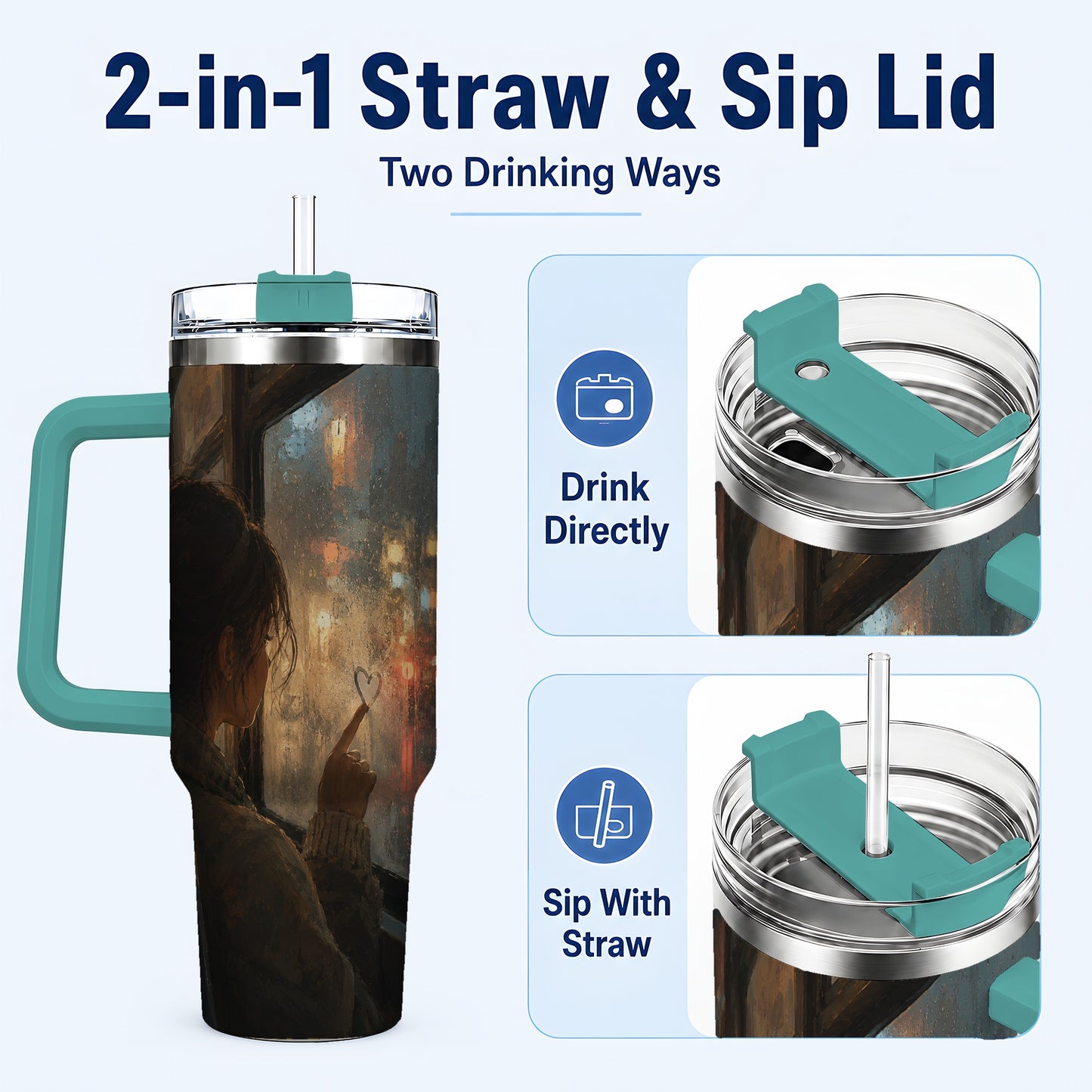 #pl[40oz|Green] Rainy Window Heart 40oz Tumbler with Handle, Rainy Night City Art