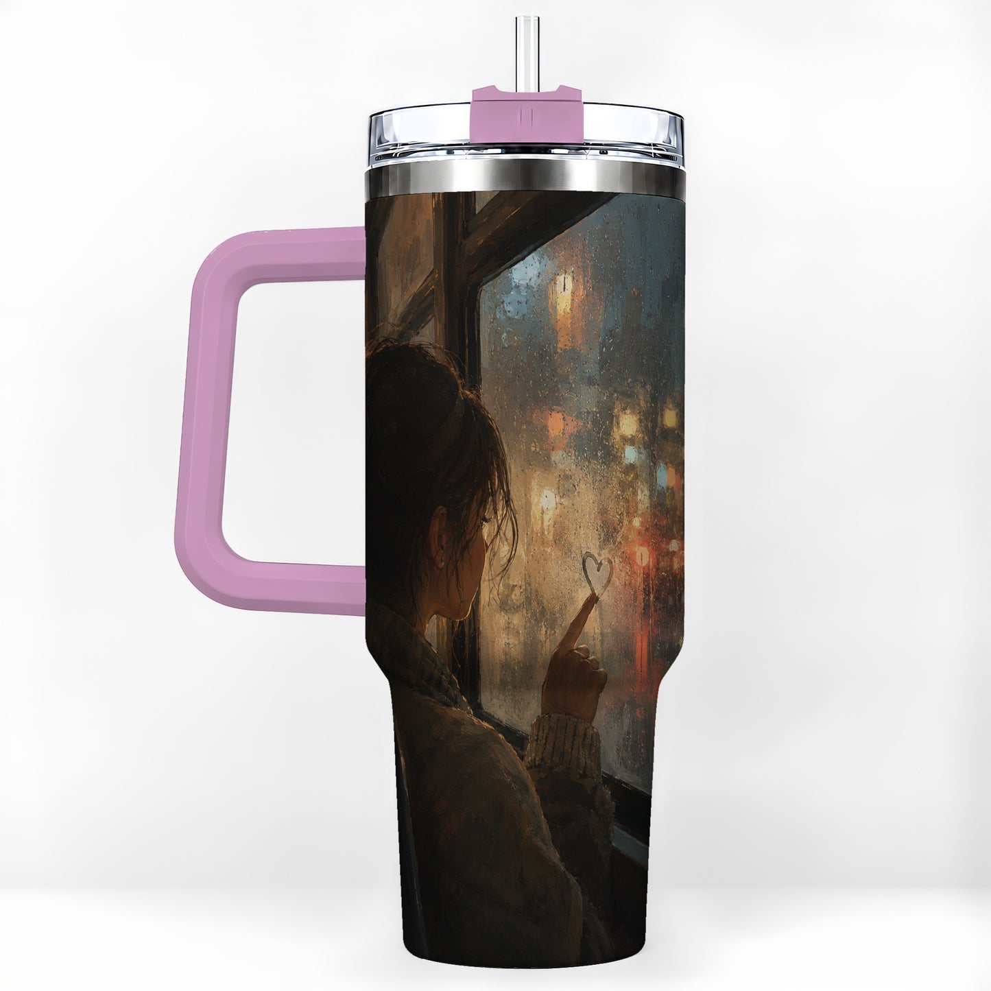 #pl[40oz|Pink] Rainy Window Heart 40oz Tumbler with Handle, Rainy Night City Art