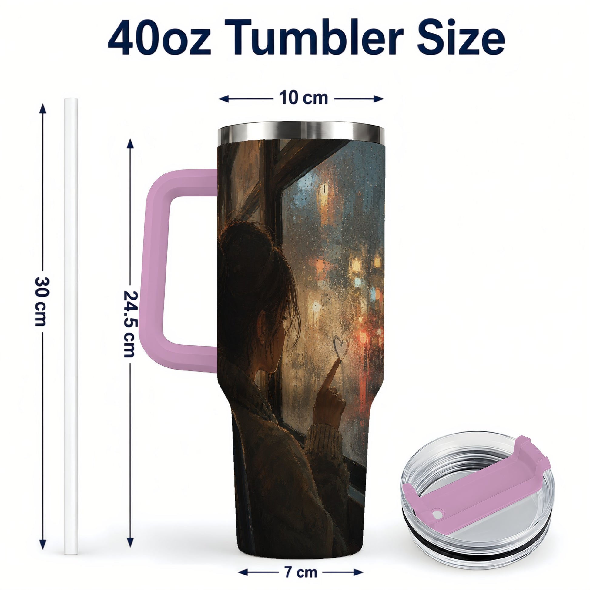 #pl[40oz|Pink] Rainy Window Heart 40oz Tumbler with Handle, Rainy Night City Art