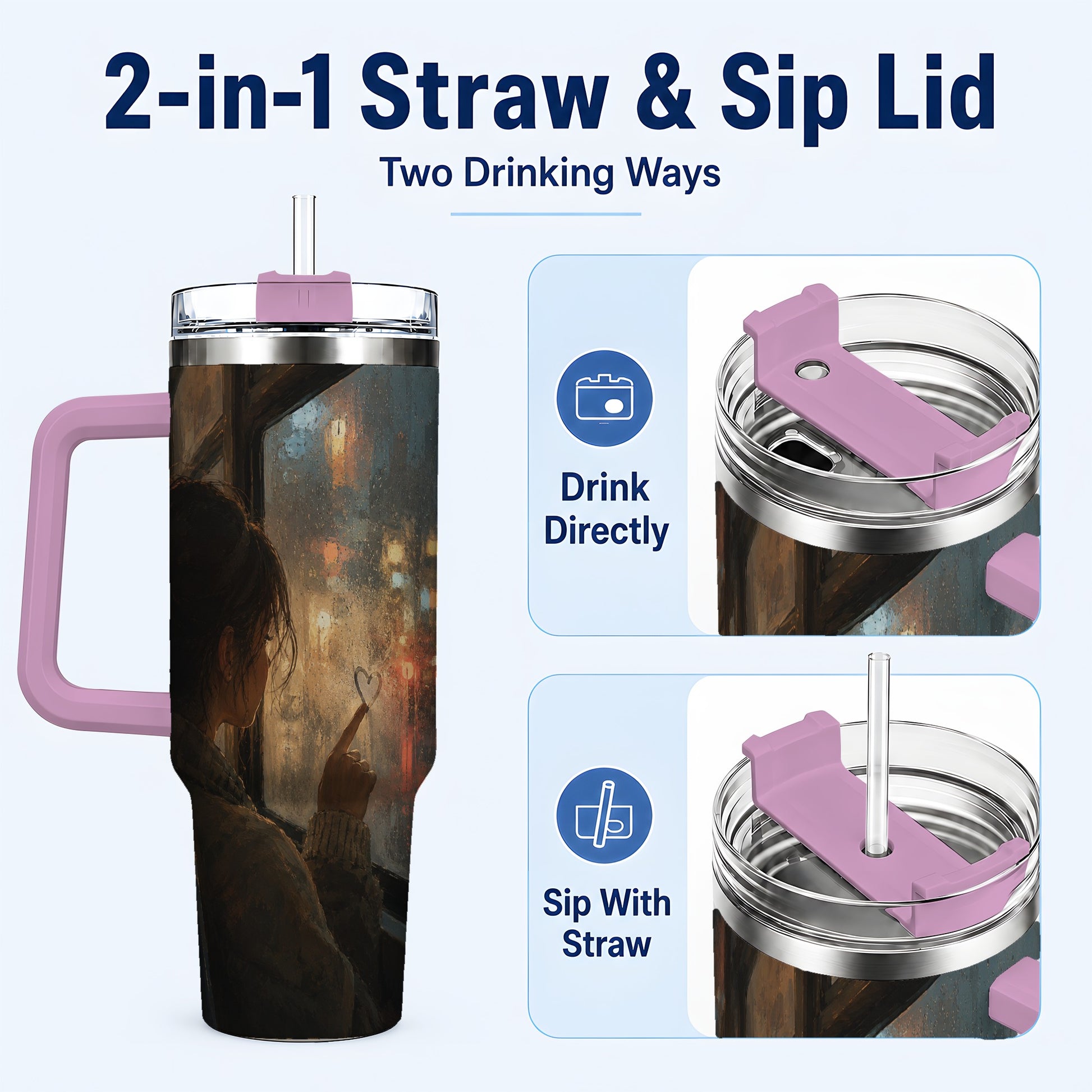#pl[40oz|Pink] Rainy Window Heart 40oz Tumbler with Handle, Rainy Night City Art