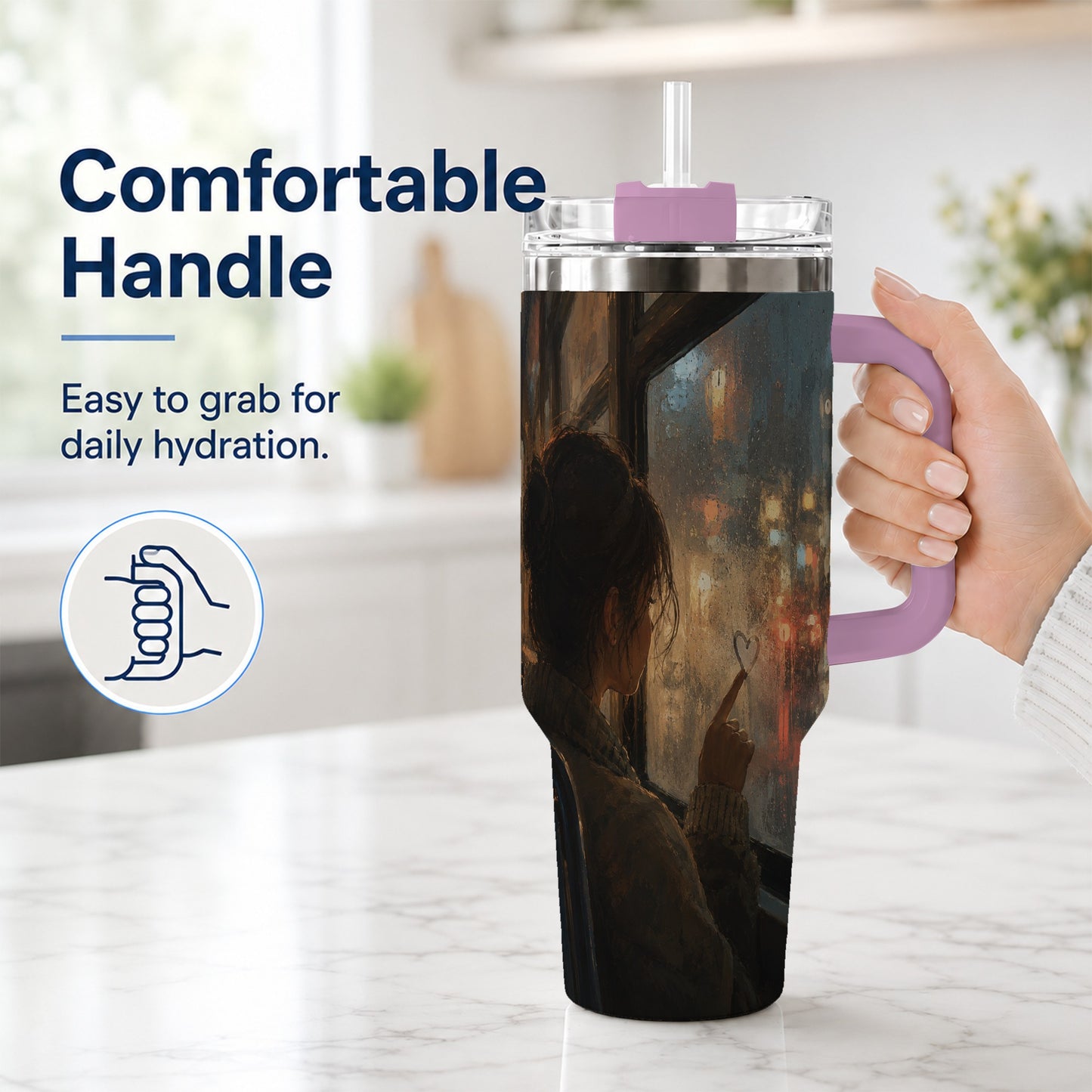 #pl[40oz|Pink] Rainy Window Heart 40oz Tumbler with Handle, Rainy Night City Art