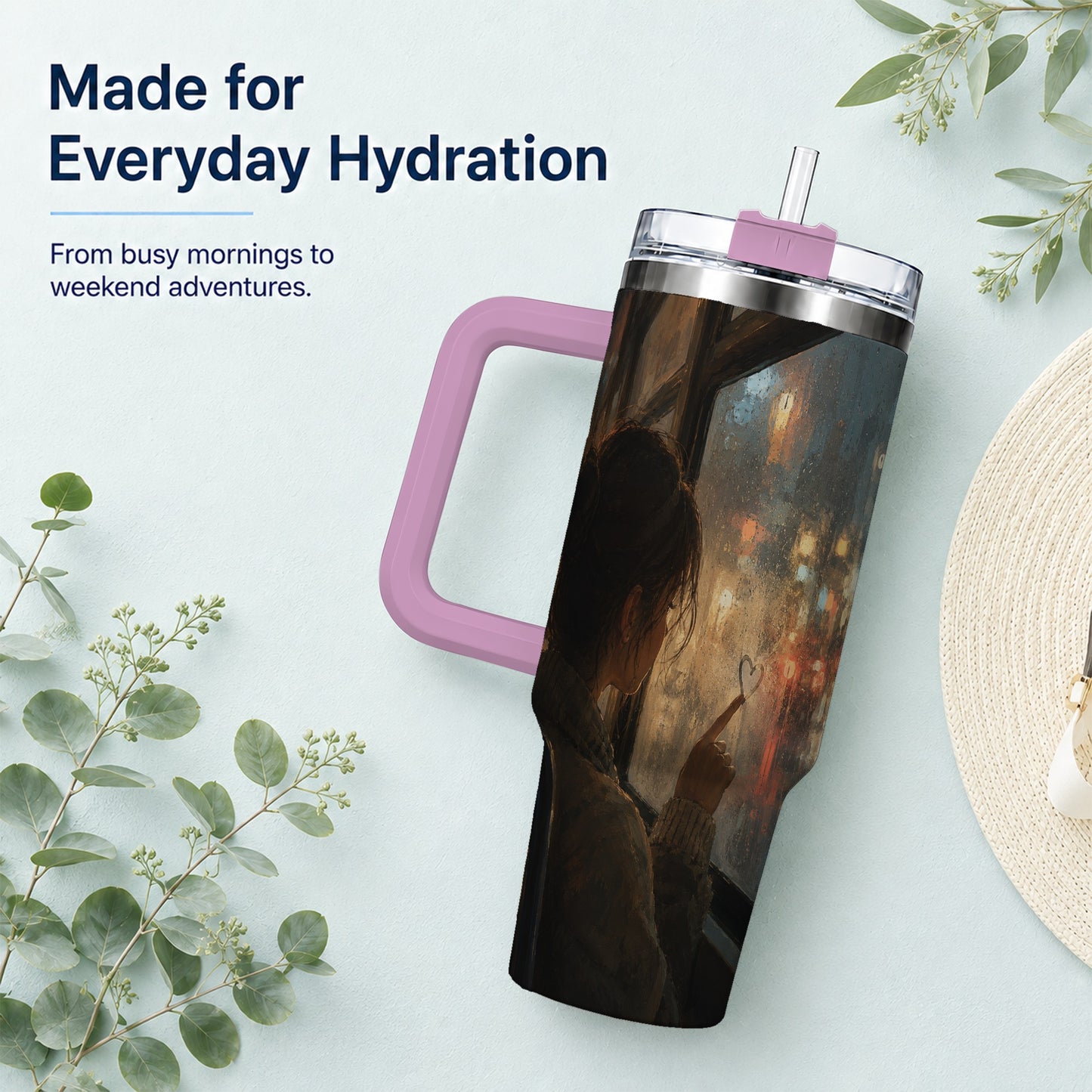 #pl[40oz|Pink] Rainy Window Heart 40oz Tumbler with Handle, Rainy Night City Art