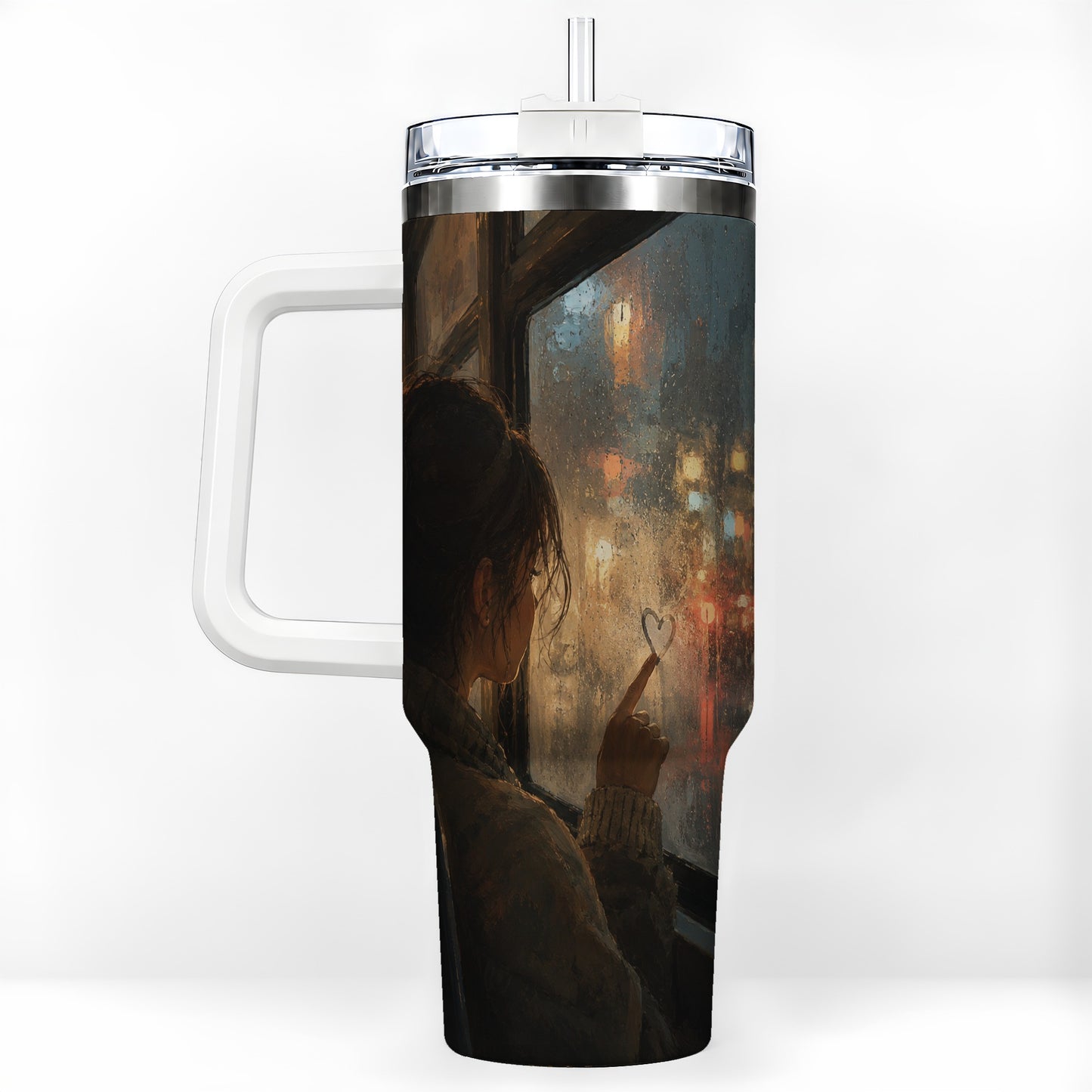 Rainy Window Heart 40oz Tumbler with Handle, Rainy Night City Art