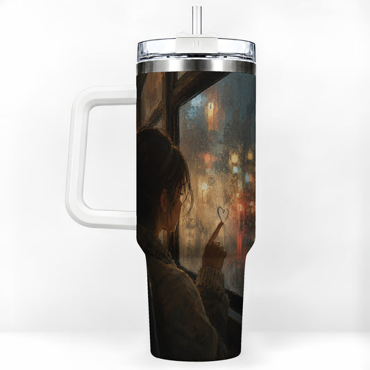 Rainy Window Heart 40oz Tumbler with Handle, Rainy Night City Art
