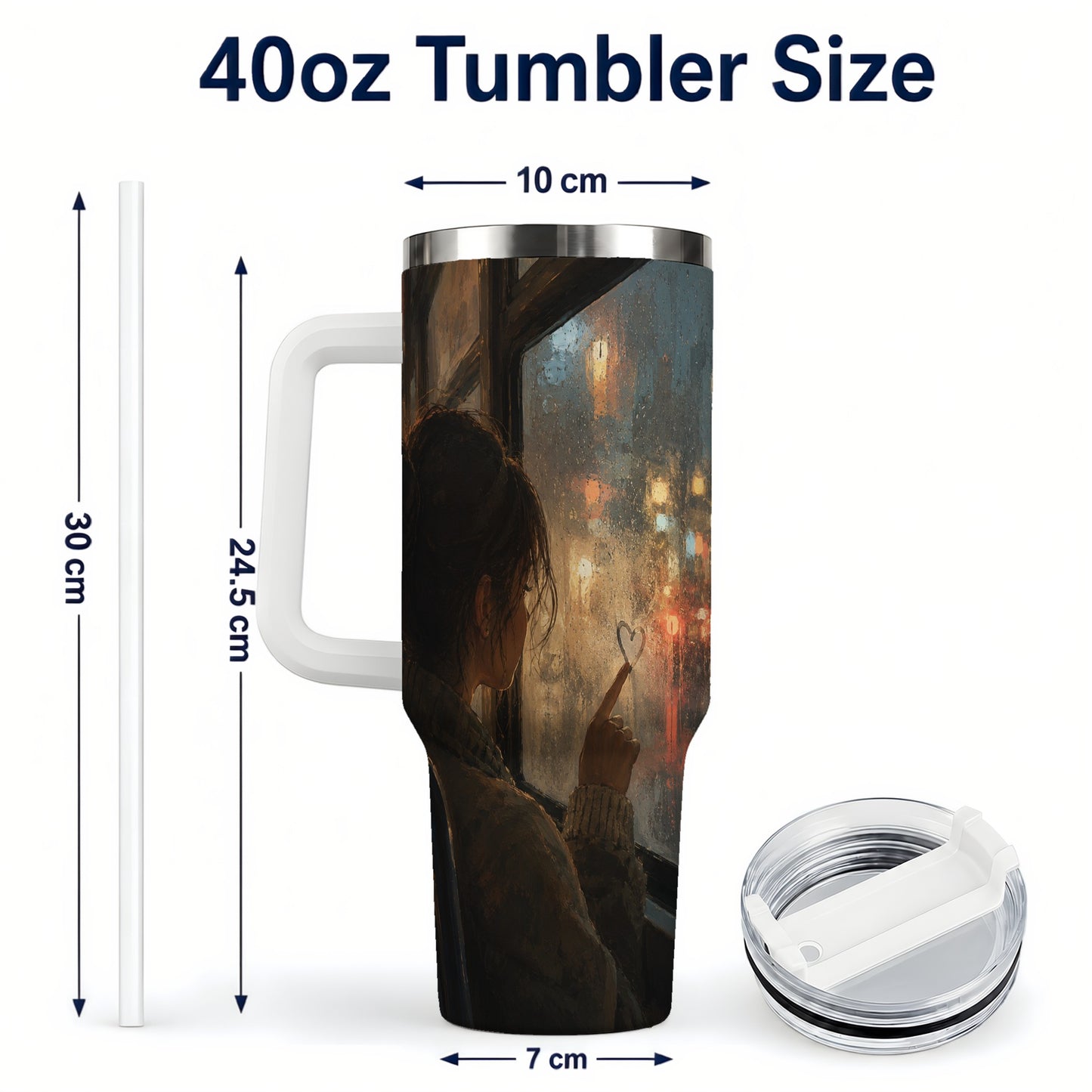 #pl[40oz|White] Rainy Window Heart 40oz Tumbler with Handle, Rainy Night City Art