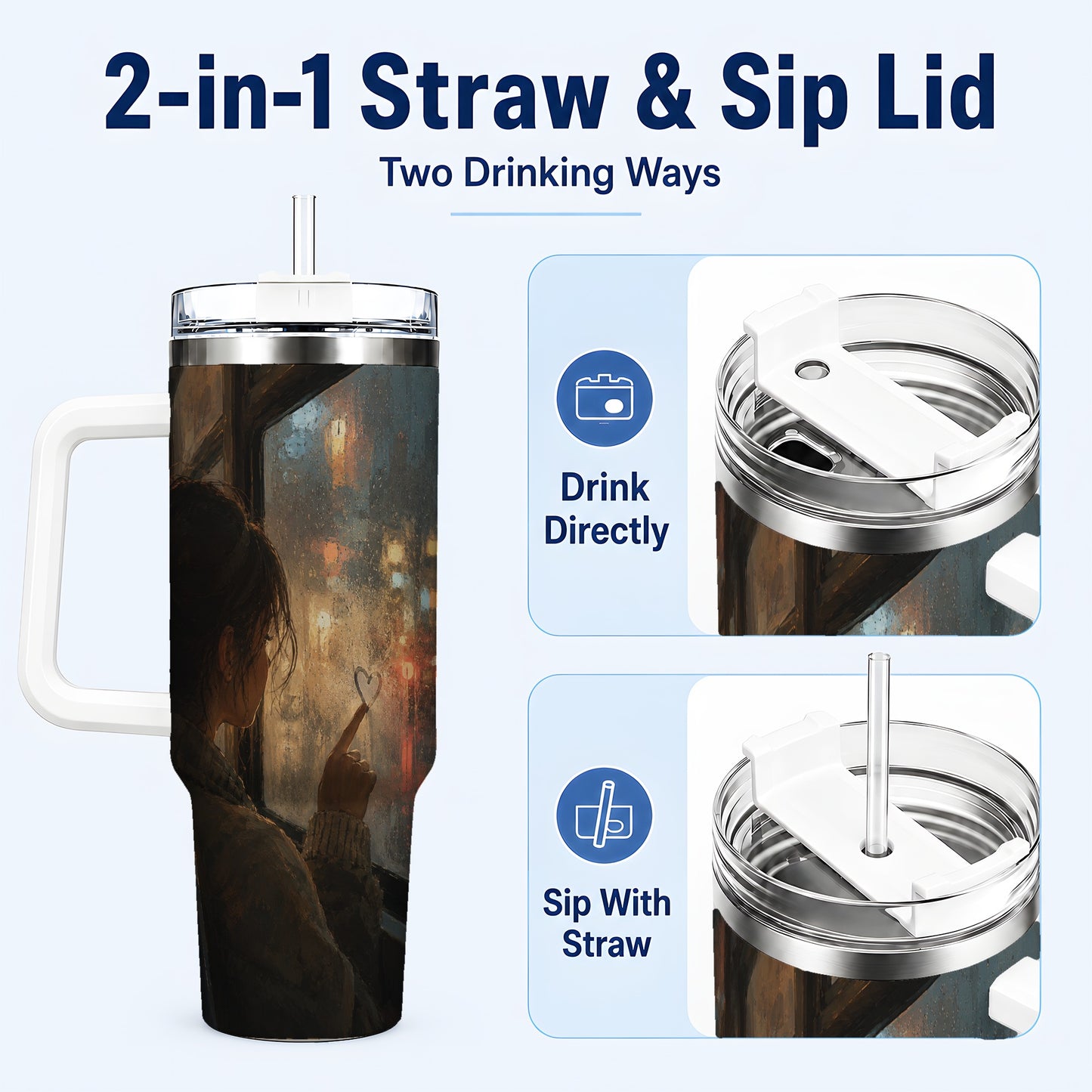 #pl[40oz|White] Rainy Window Heart 40oz Tumbler with Handle, Rainy Night City Art