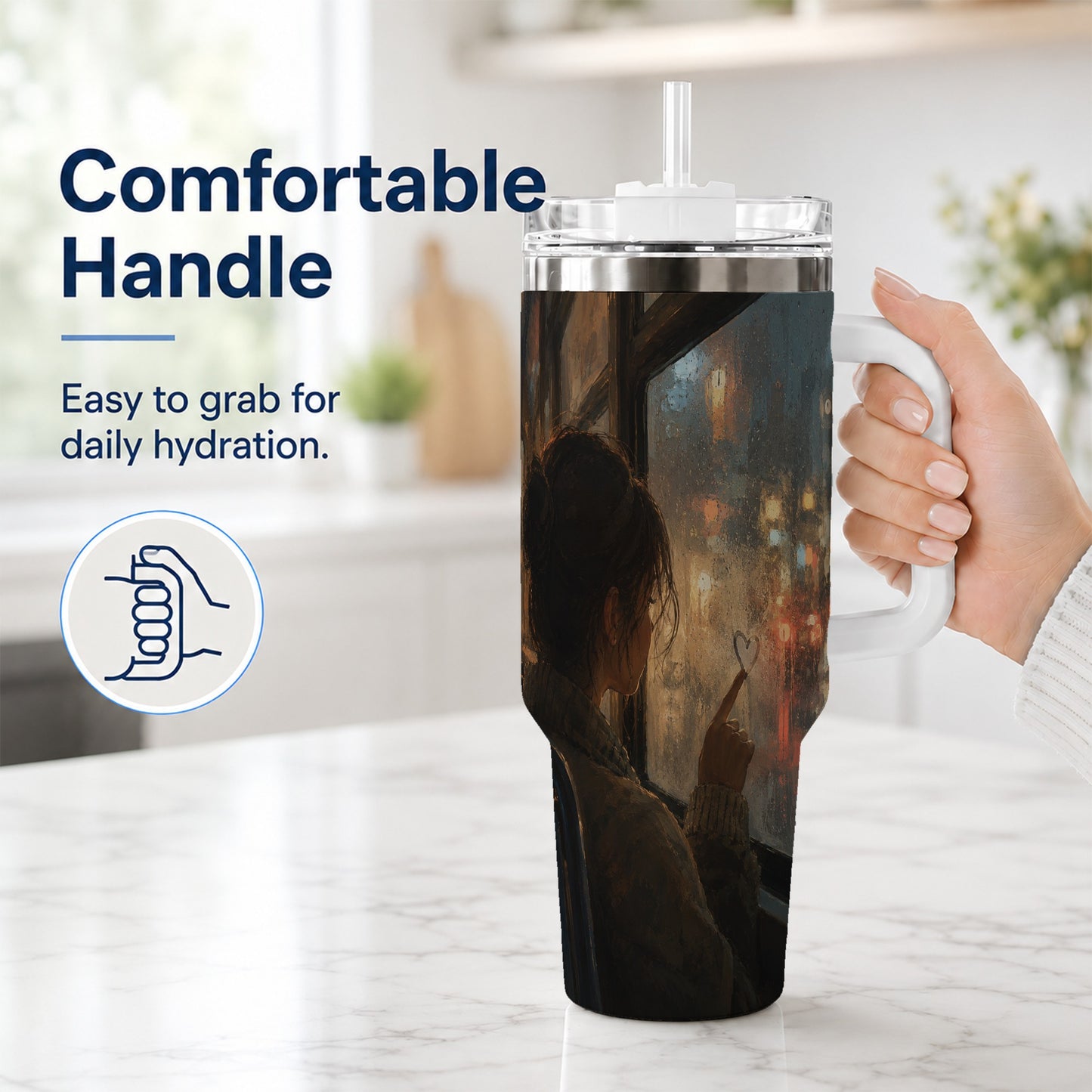 #pl[40oz|White] Rainy Window Heart 40oz Tumbler with Handle, Rainy Night City Art