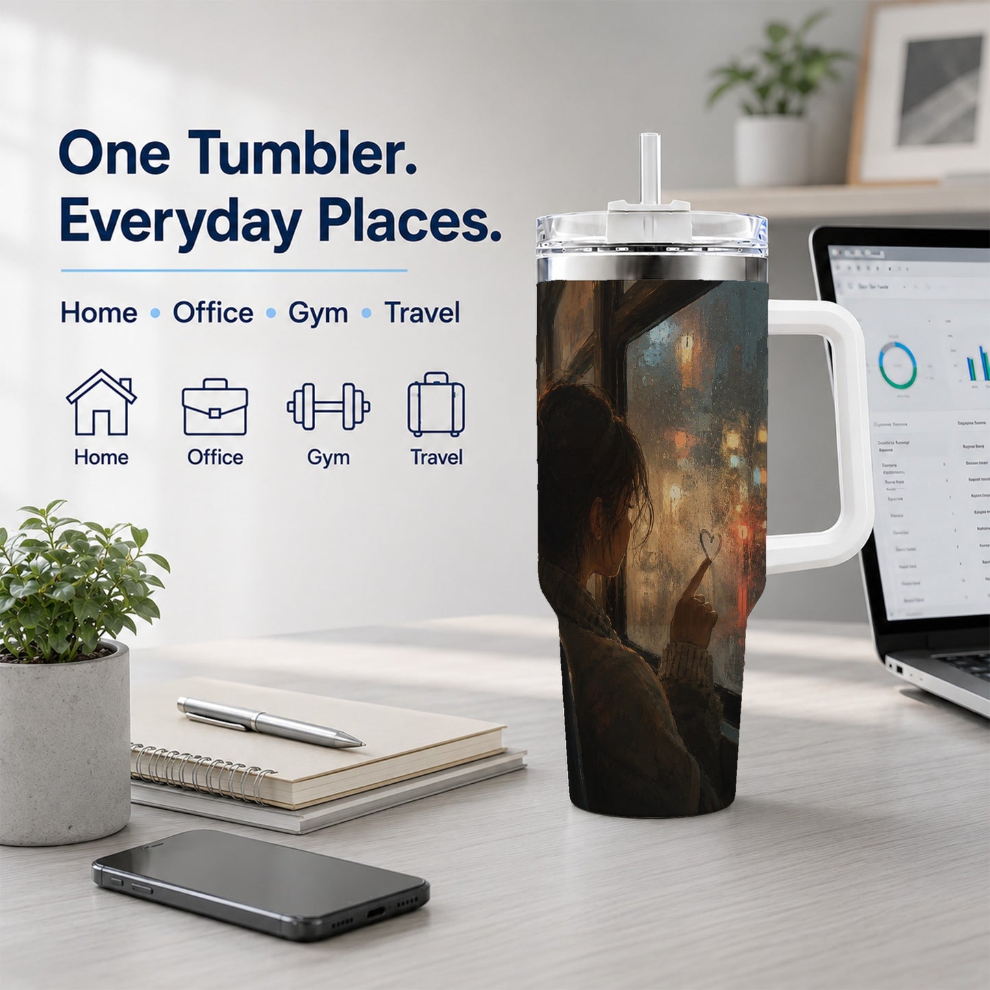 #pl[40oz|White] Rainy Window Heart 40oz Tumbler with Handle, Rainy Night City Art