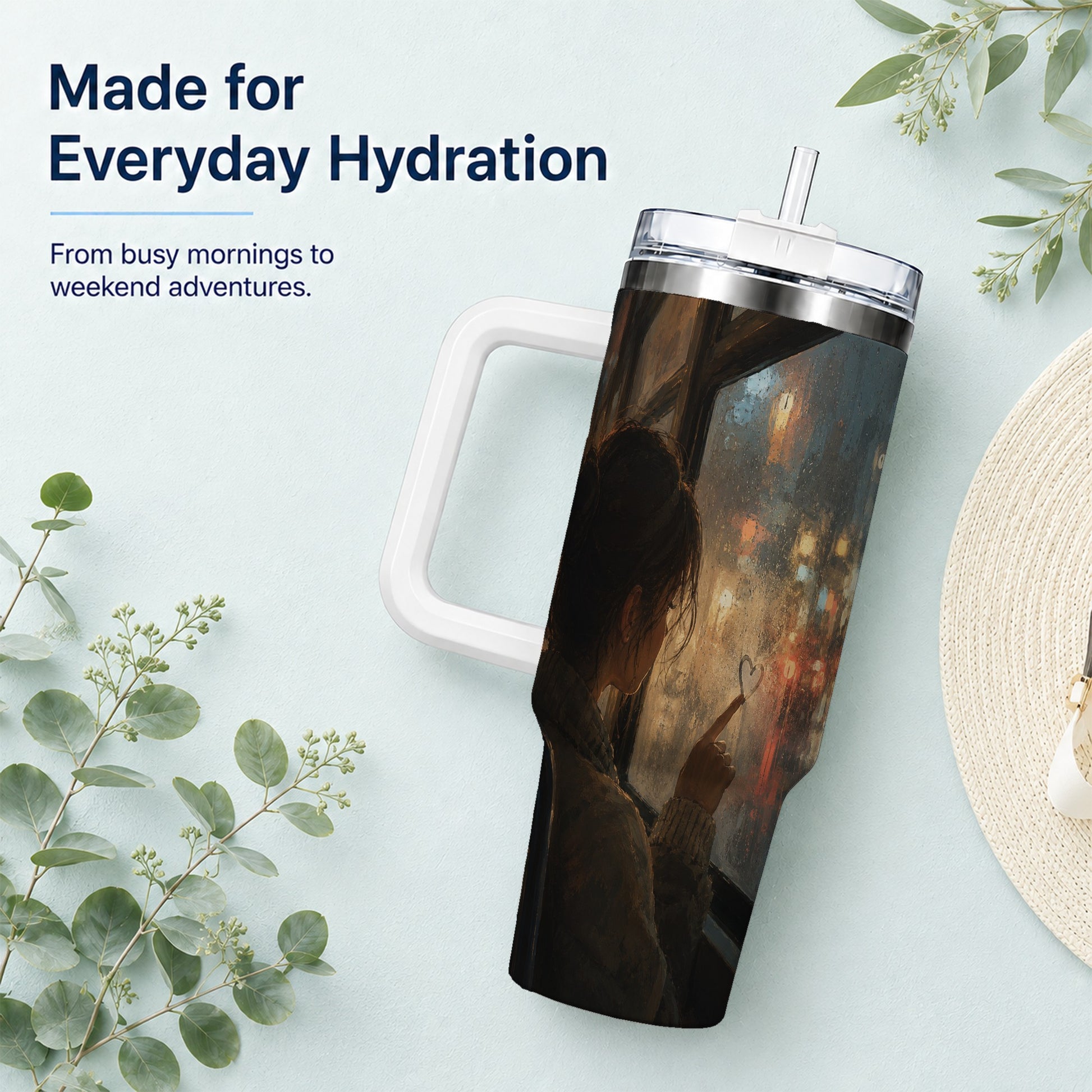 #pl[40oz|White] Rainy Window Heart 40oz Tumbler with Handle, Rainy Night City Art