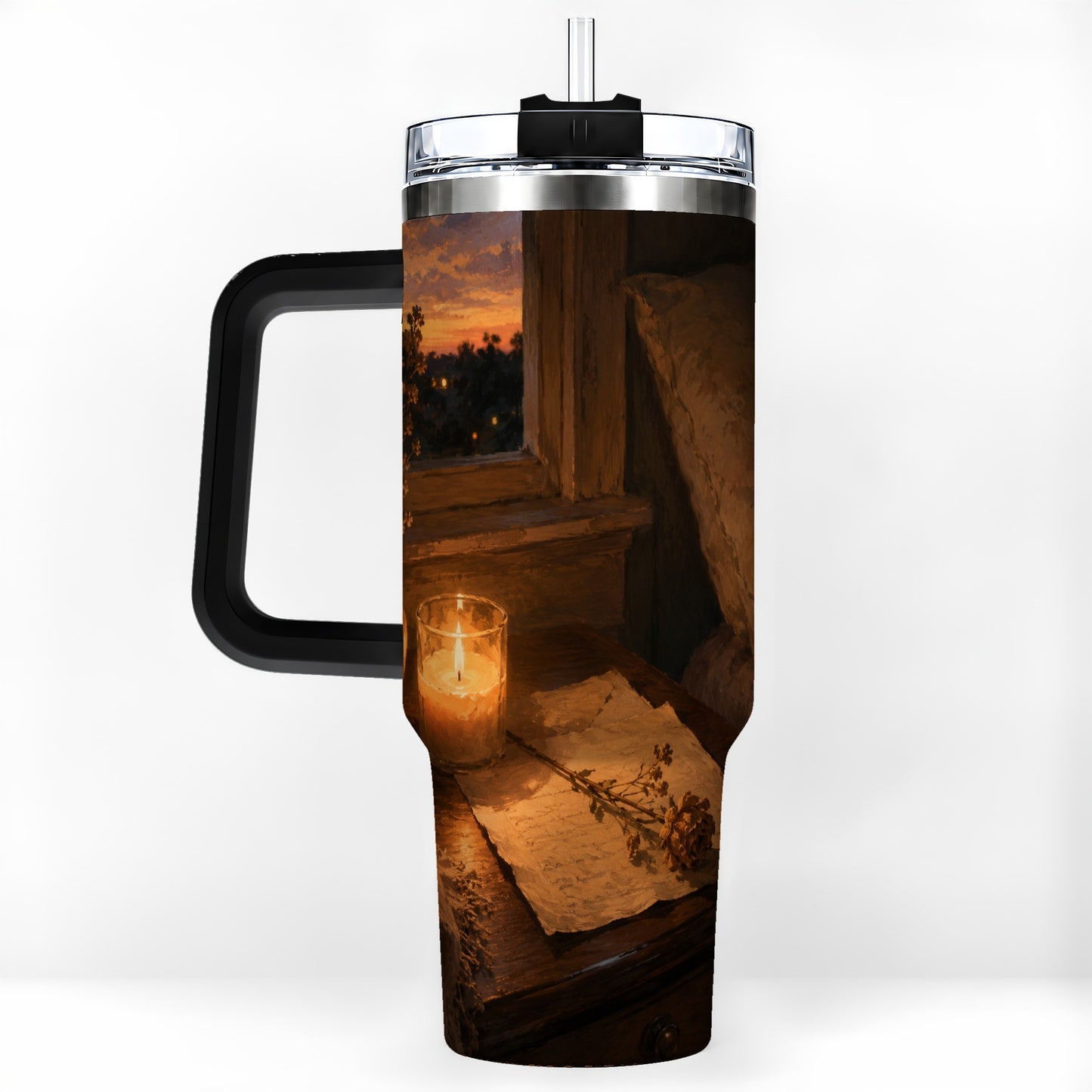 #pl[40oz|Black] Candlelit Letter Rose 40oz Tumbler with Handle, Cozy Sunset Bedroom Art