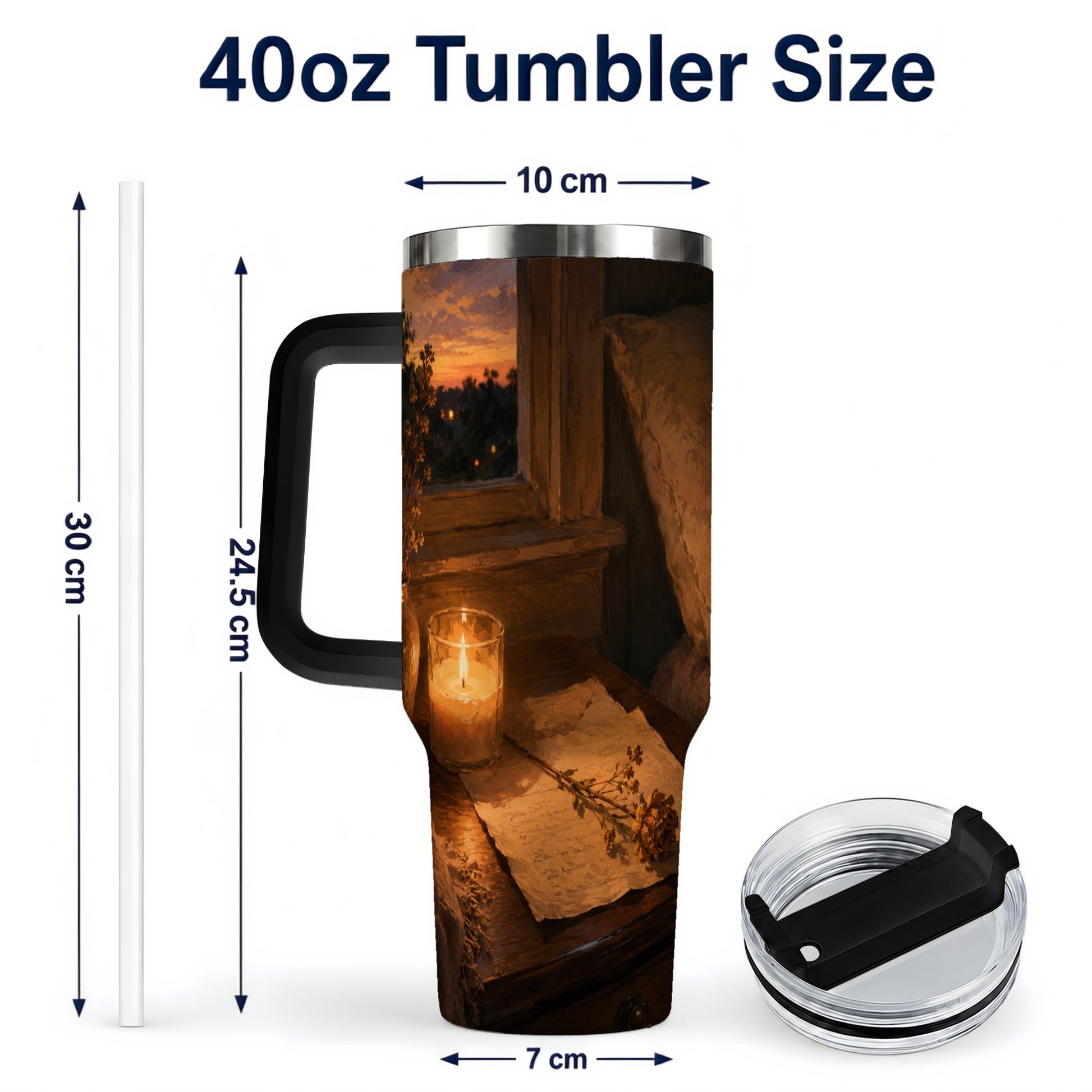 #pl[40oz|Black] Candlelit Letter Rose 40oz Tumbler with Handle, Cozy Sunset Bedroom Art