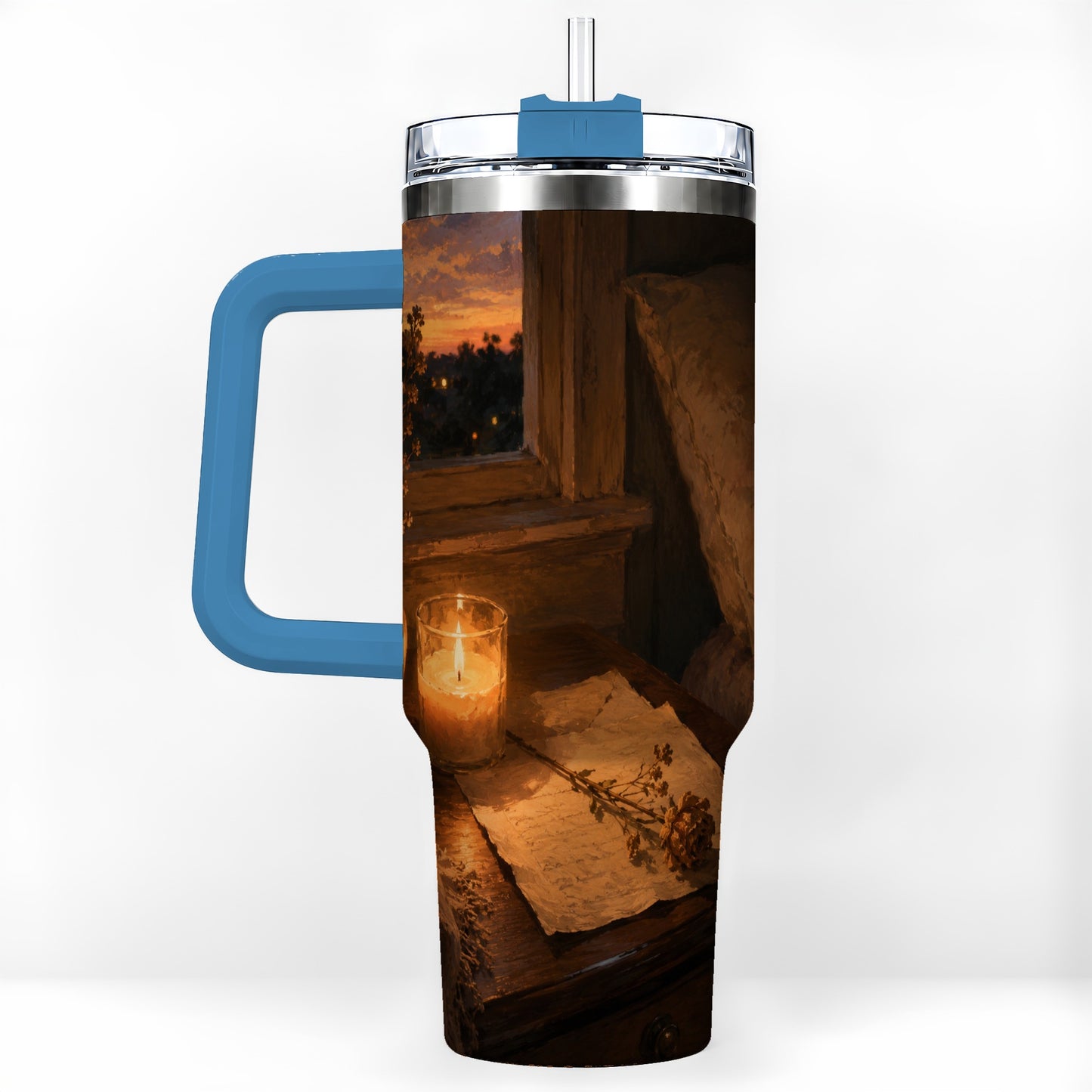 #pl[40oz|Blue] Candlelit Letter Rose 40oz Tumbler with Handle, Cozy Sunset Bedroom Art