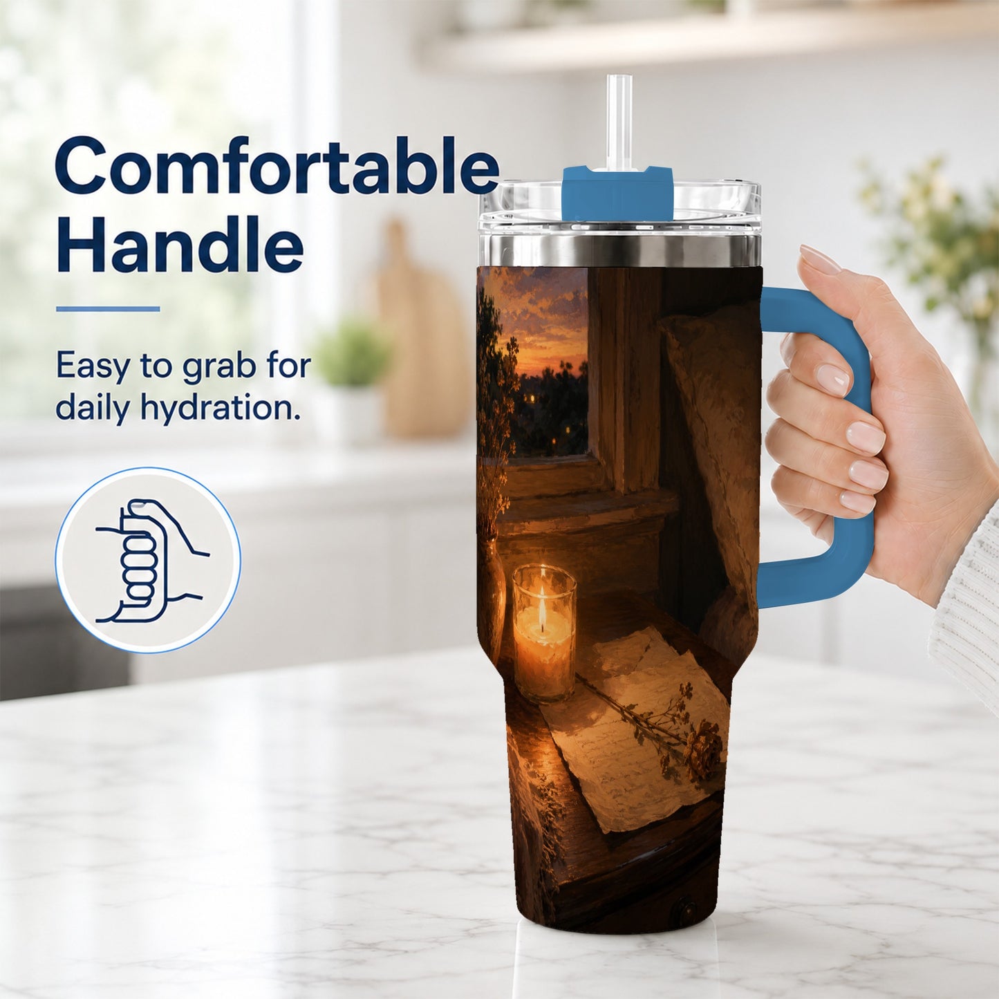 #pl[40oz|Blue] Candlelit Letter Rose 40oz Tumbler with Handle, Cozy Sunset Bedroom Art