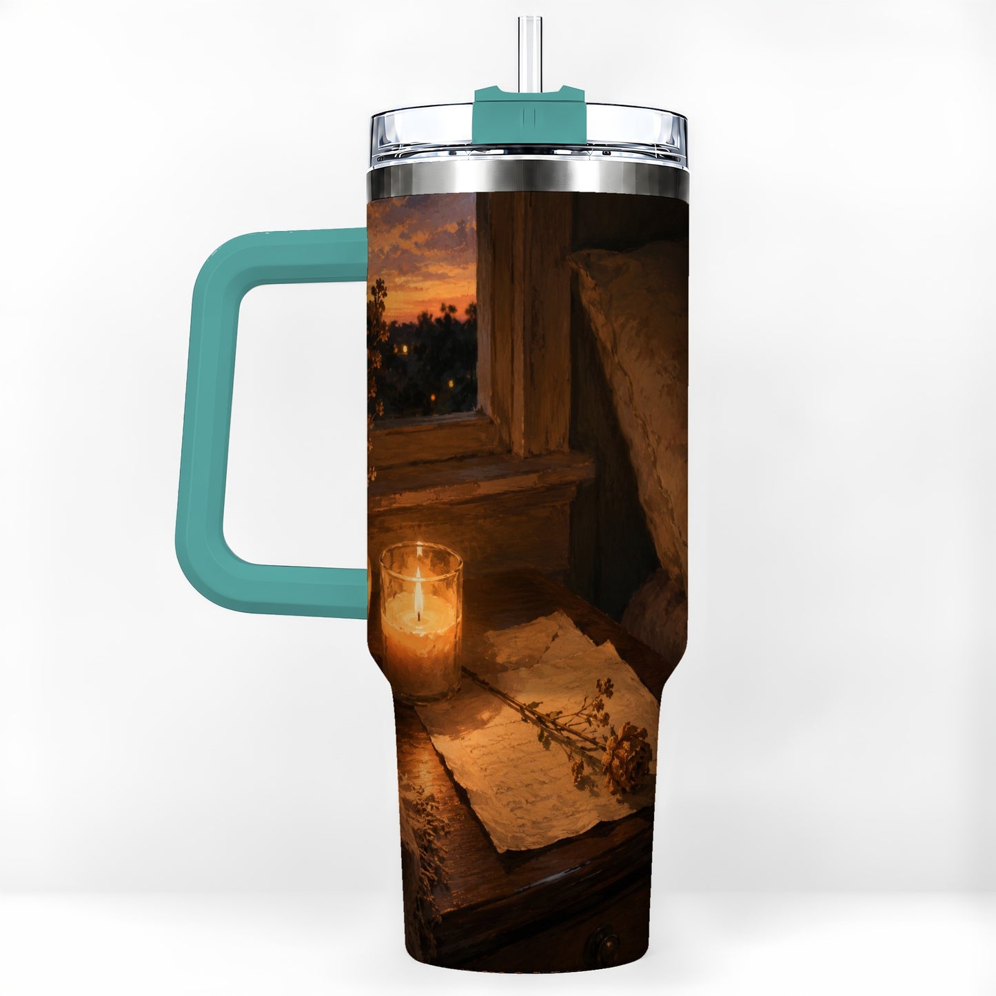 #pl[40oz|Green] Candlelit Letter Rose 40oz Tumbler with Handle, Cozy Sunset Bedroom Art