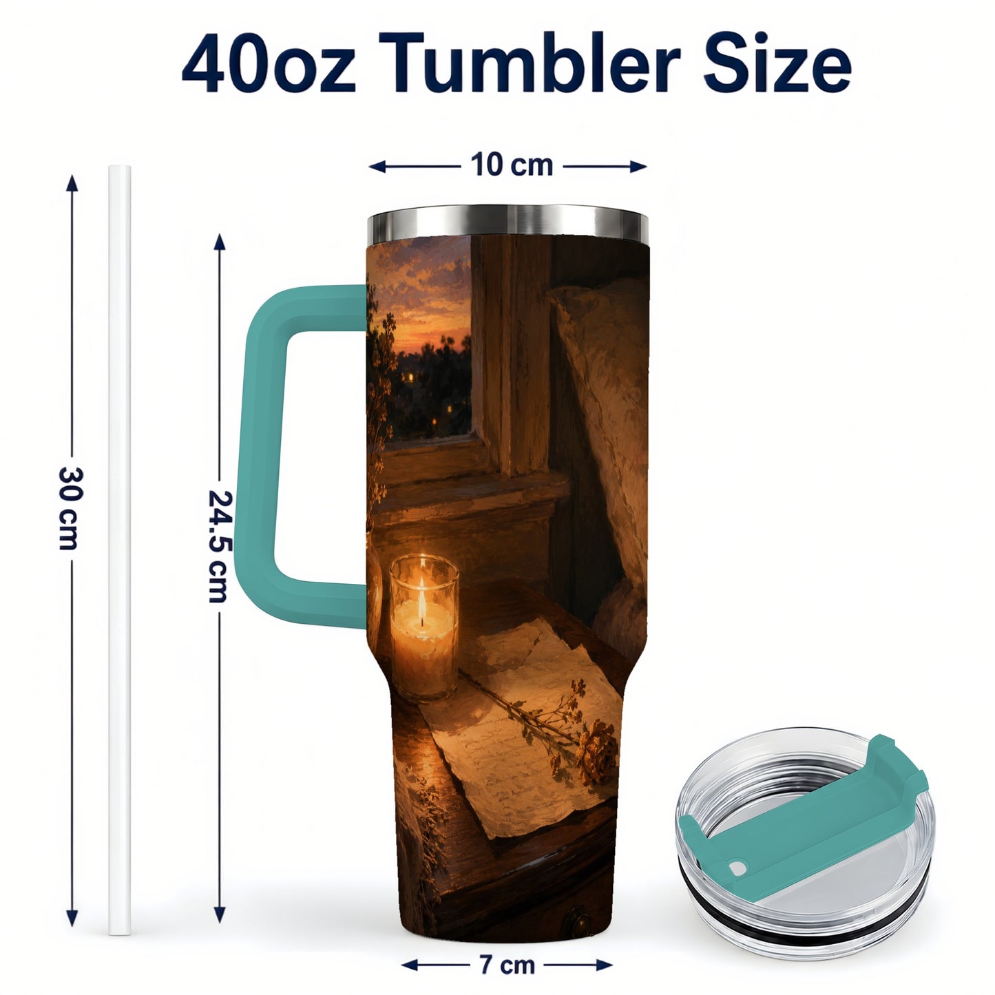 #pl[40oz|Green] Candlelit Letter Rose 40oz Tumbler with Handle, Cozy Sunset Bedroom Art
