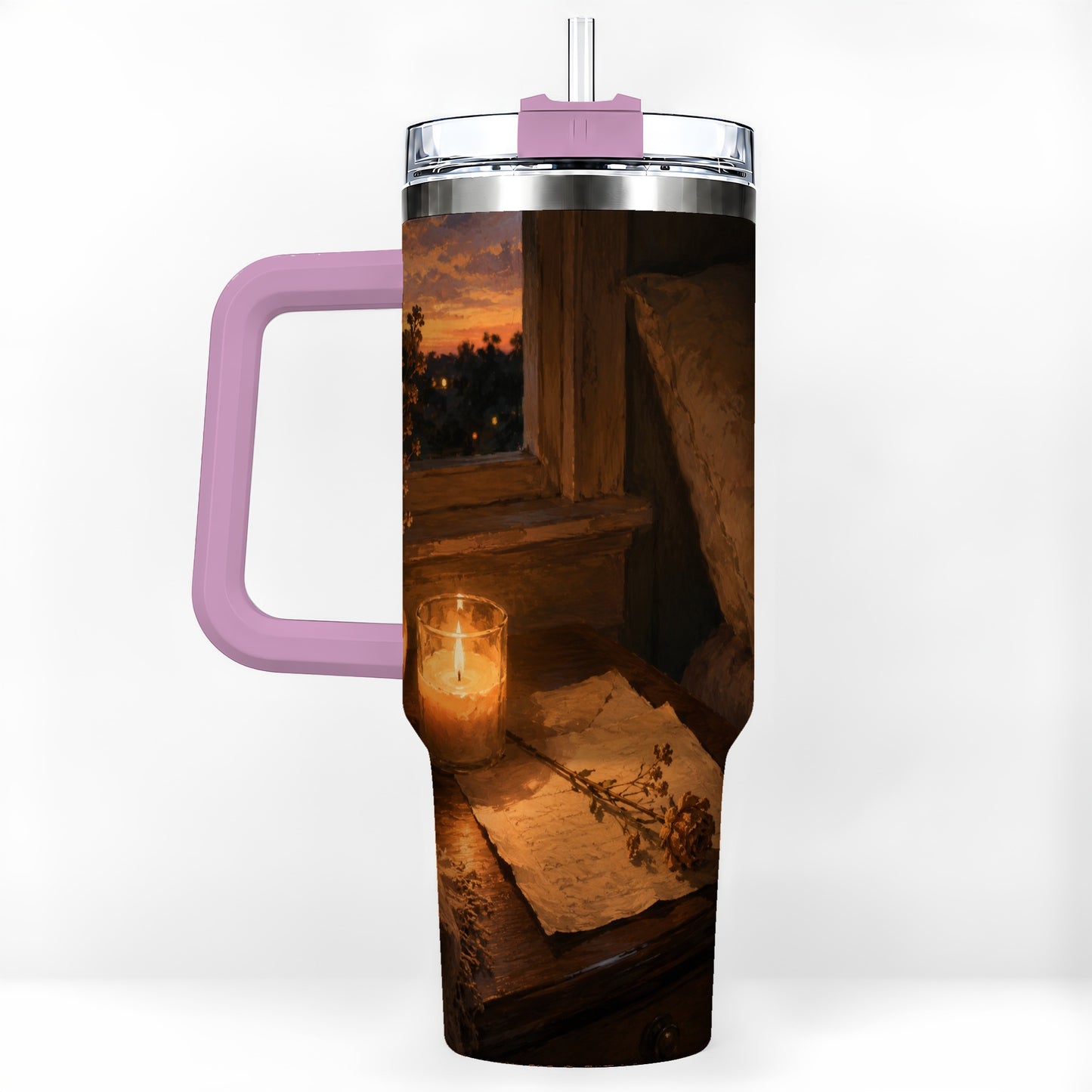 #pl[40oz|Pink] Candlelit Letter Rose 40oz Tumbler with Handle, Cozy Sunset Bedroom Art
