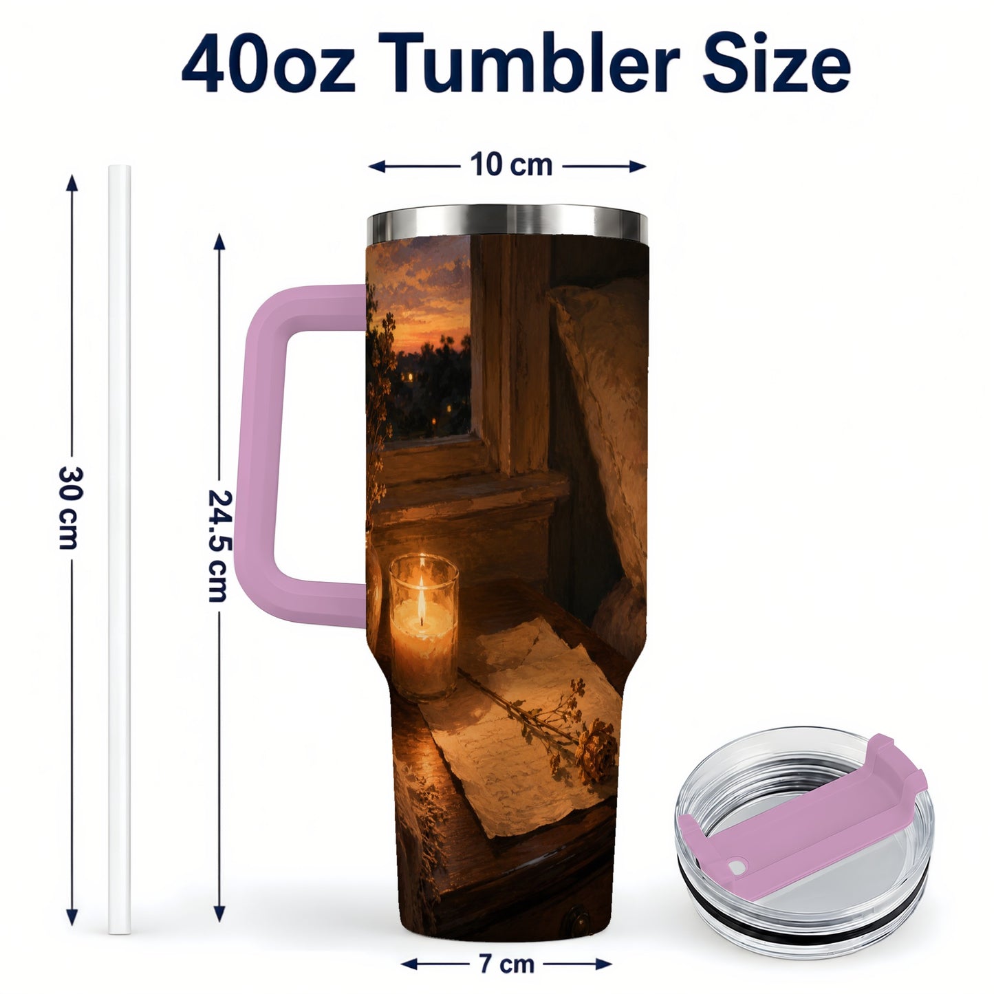 #pl[40oz|Pink] Candlelit Letter Rose 40oz Tumbler with Handle, Cozy Sunset Bedroom Art