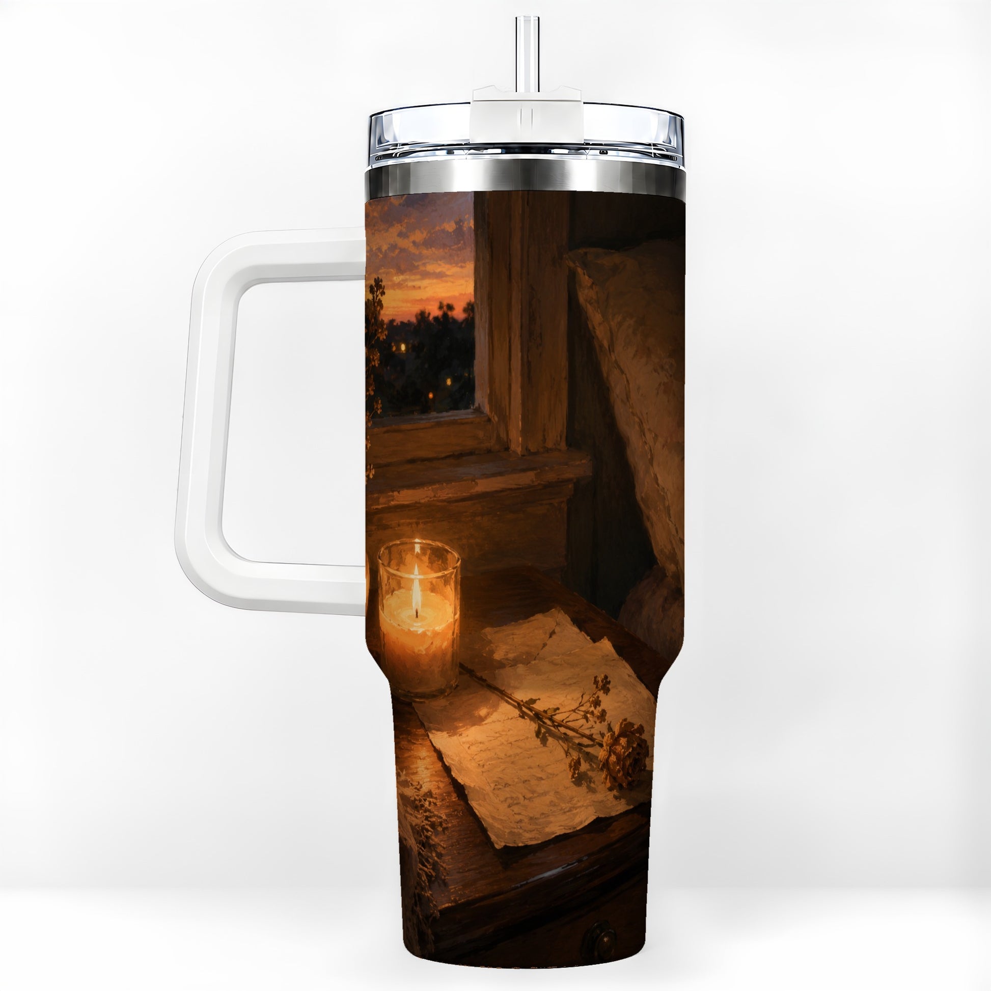 Candlelit Letter Rose 40oz Tumbler with Handle, Cozy Sunset Bedroom Art