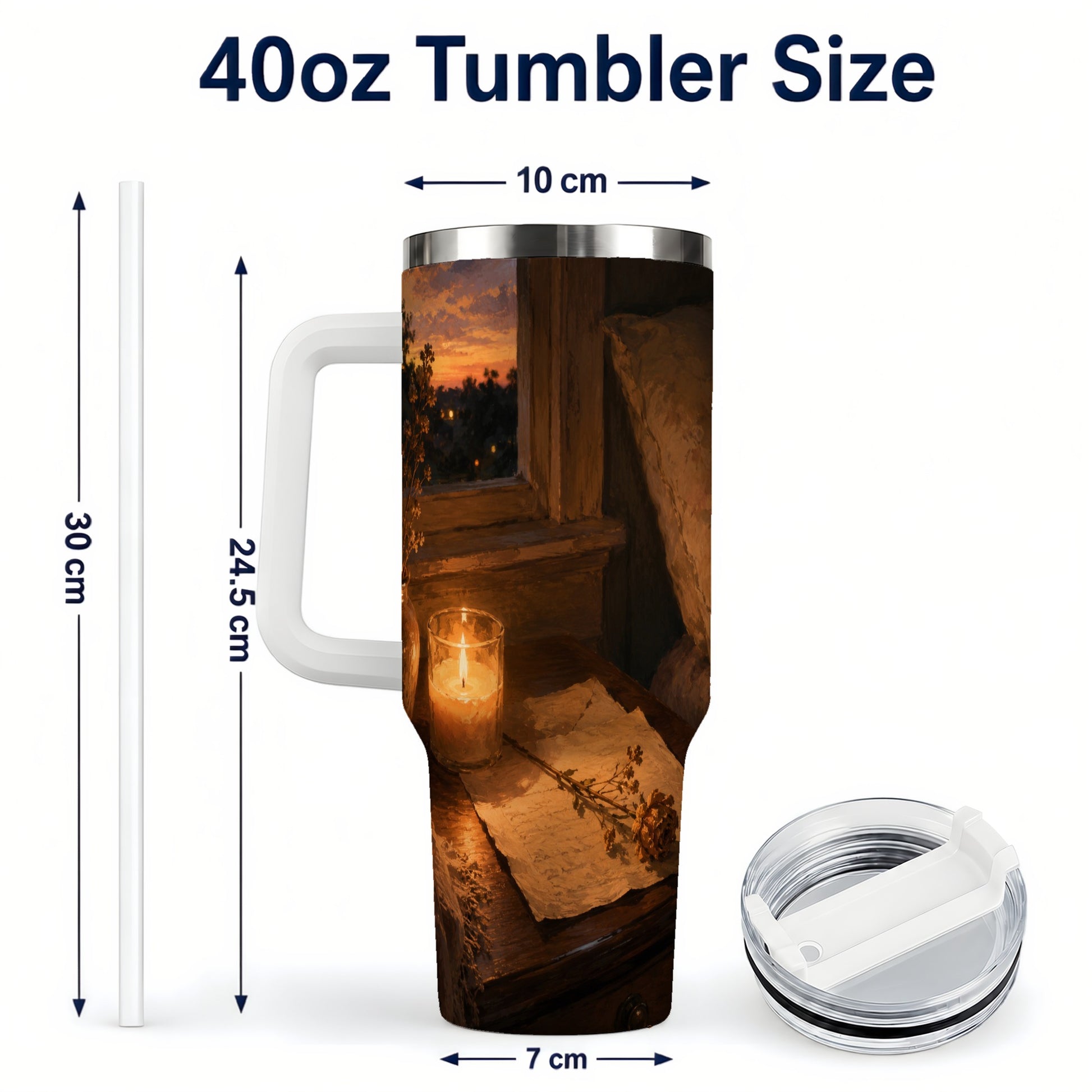 #pl[40oz|White] Candlelit Letter Rose 40oz Tumbler with Handle, Cozy Sunset Bedroom Art