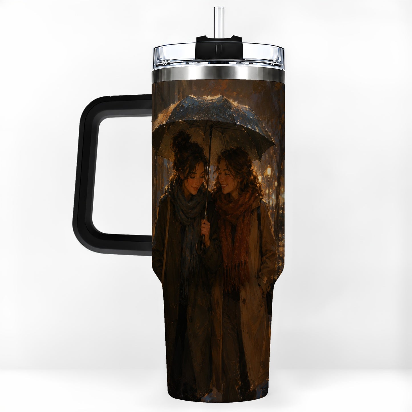#pl[40oz|Black] Rainy Friendship Walk 40oz Tumbler with Handle, Umbrella City Night Art