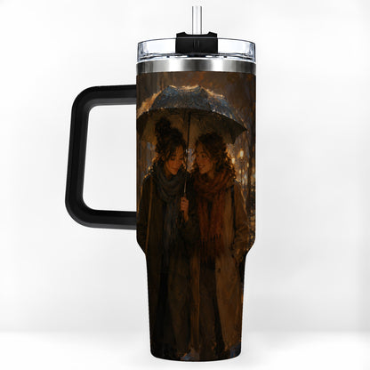 #pl[40oz|Black] Rainy Friendship Walk 40oz Tumbler with Handle, Umbrella City Night Art