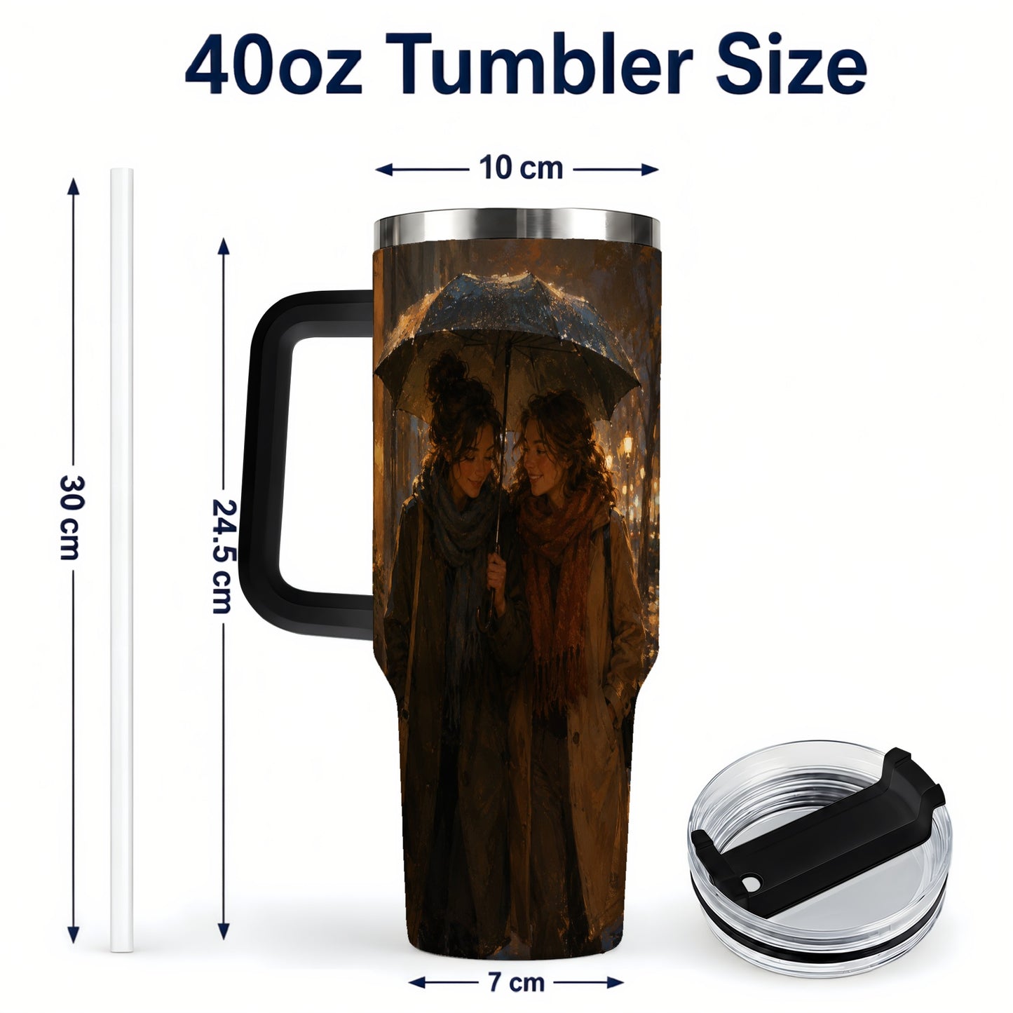 #pl[40oz|Black] Rainy Friendship Walk 40oz Tumbler with Handle, Umbrella City Night Art
