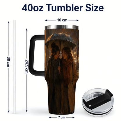 #pl[40oz|Black] Rainy Friendship Walk 40oz Tumbler with Handle, Umbrella City Night Art