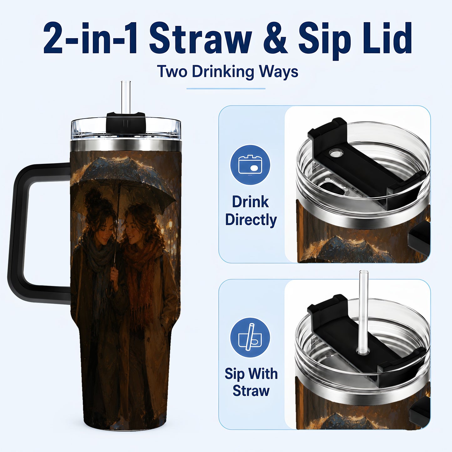 #pl[40oz|Black] Rainy Friendship Walk 40oz Tumbler with Handle, Umbrella City Night Art