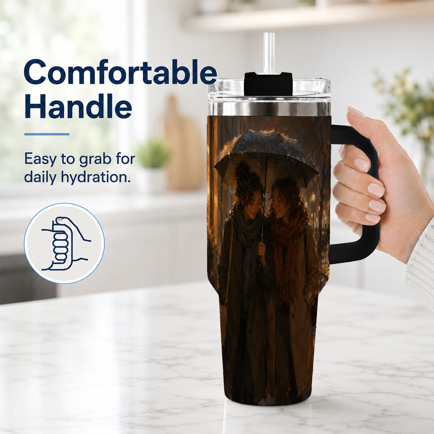 #pl[40oz|Black] Rainy Friendship Walk 40oz Tumbler with Handle, Umbrella City Night Art