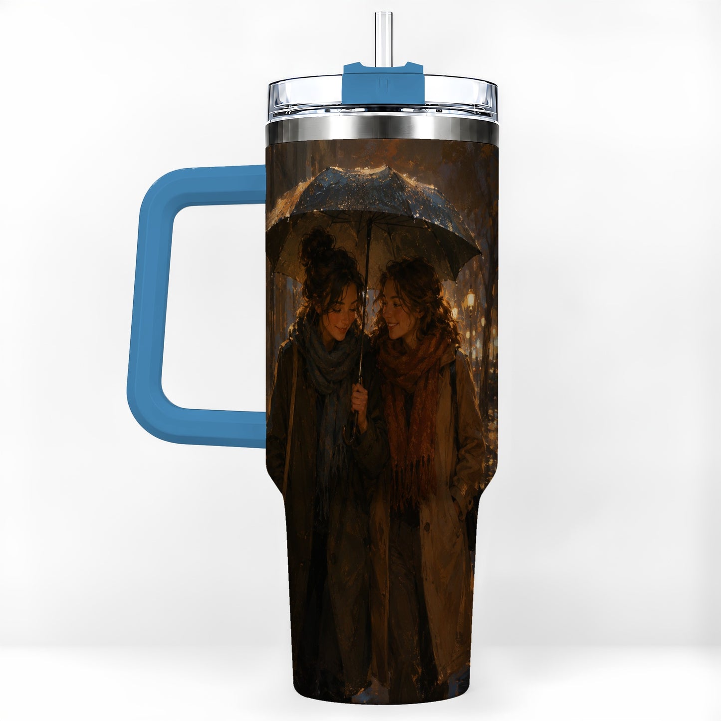 #pl[40oz|Blue] Rainy Friendship Walk 40oz Tumbler with Handle, Umbrella City Night Art