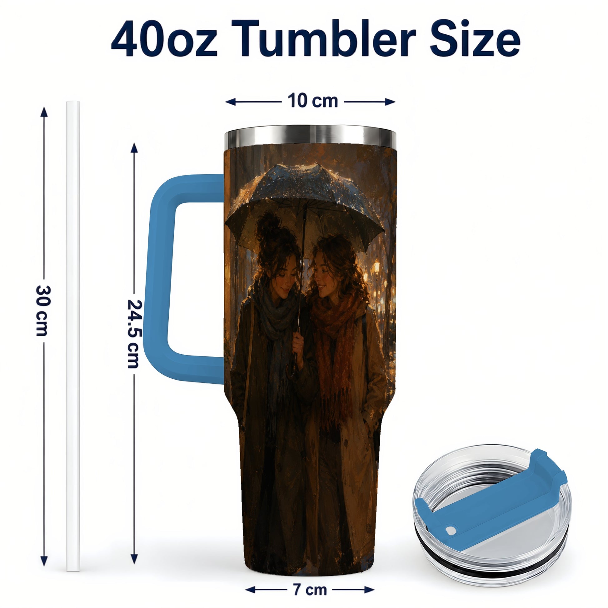 #pl[40oz|Blue] Rainy Friendship Walk 40oz Tumbler with Handle, Umbrella City Night Art