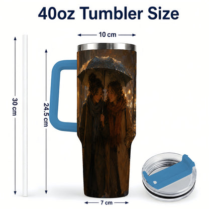 #pl[40oz|Blue] Rainy Friendship Walk 40oz Tumbler with Handle, Umbrella City Night Art