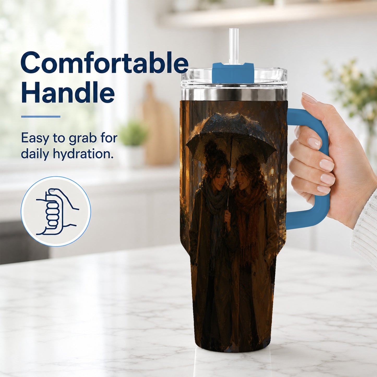 #pl[40oz|Blue] Rainy Friendship Walk 40oz Tumbler with Handle, Umbrella City Night Art