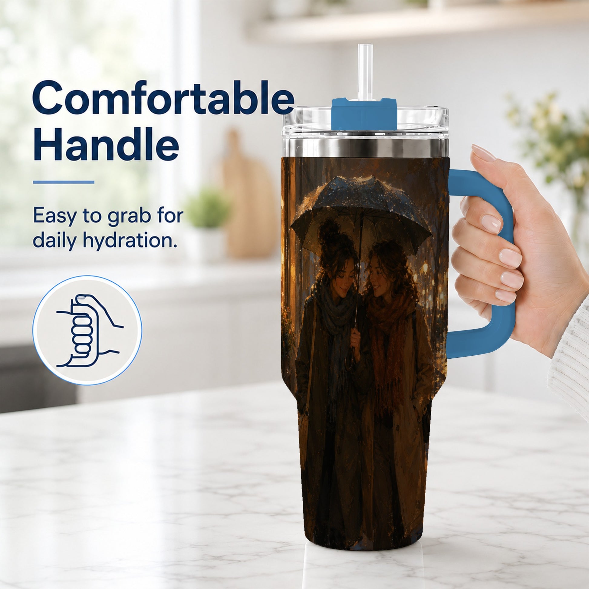 #pl[40oz|Blue] Rainy Friendship Walk 40oz Tumbler with Handle, Umbrella City Night Art